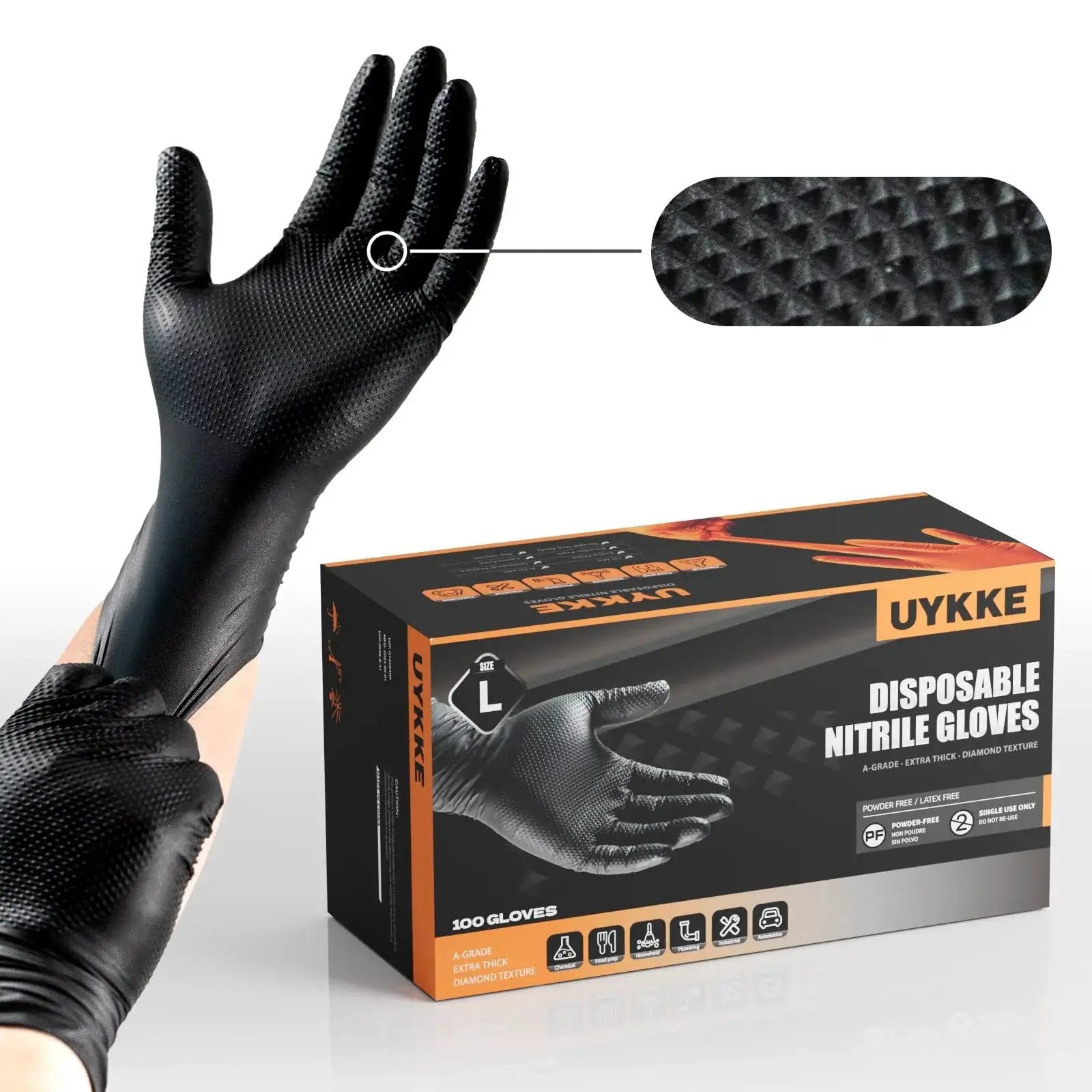 Person wearing Thick 10Mil Nitrile Gloves Diamond Textured Heavy Duty Latex Free Disposable near glove box.