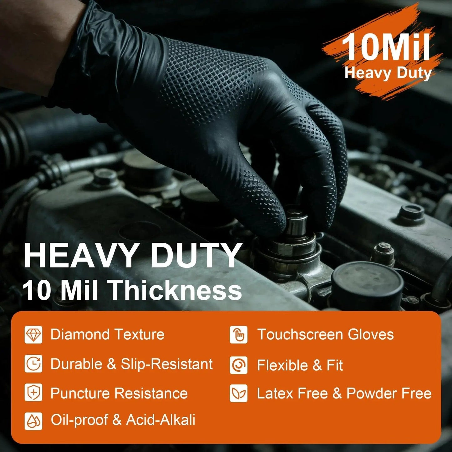 Person wearing Thick 10Mil Nitrile Gloves Diamond Textured Heavy Duty Latex Free Disposable while working on car engine