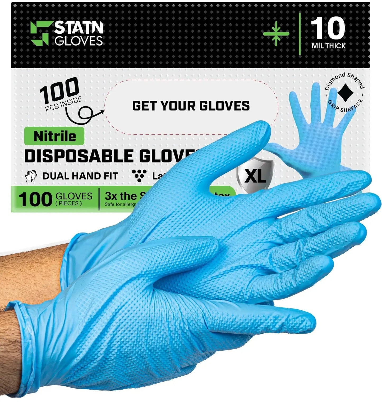 10 Mil Nitrile Heavy Duty Gloves With Diamond Grip For Mechanics Auto Repair in blue with textured surface, box packaging visible