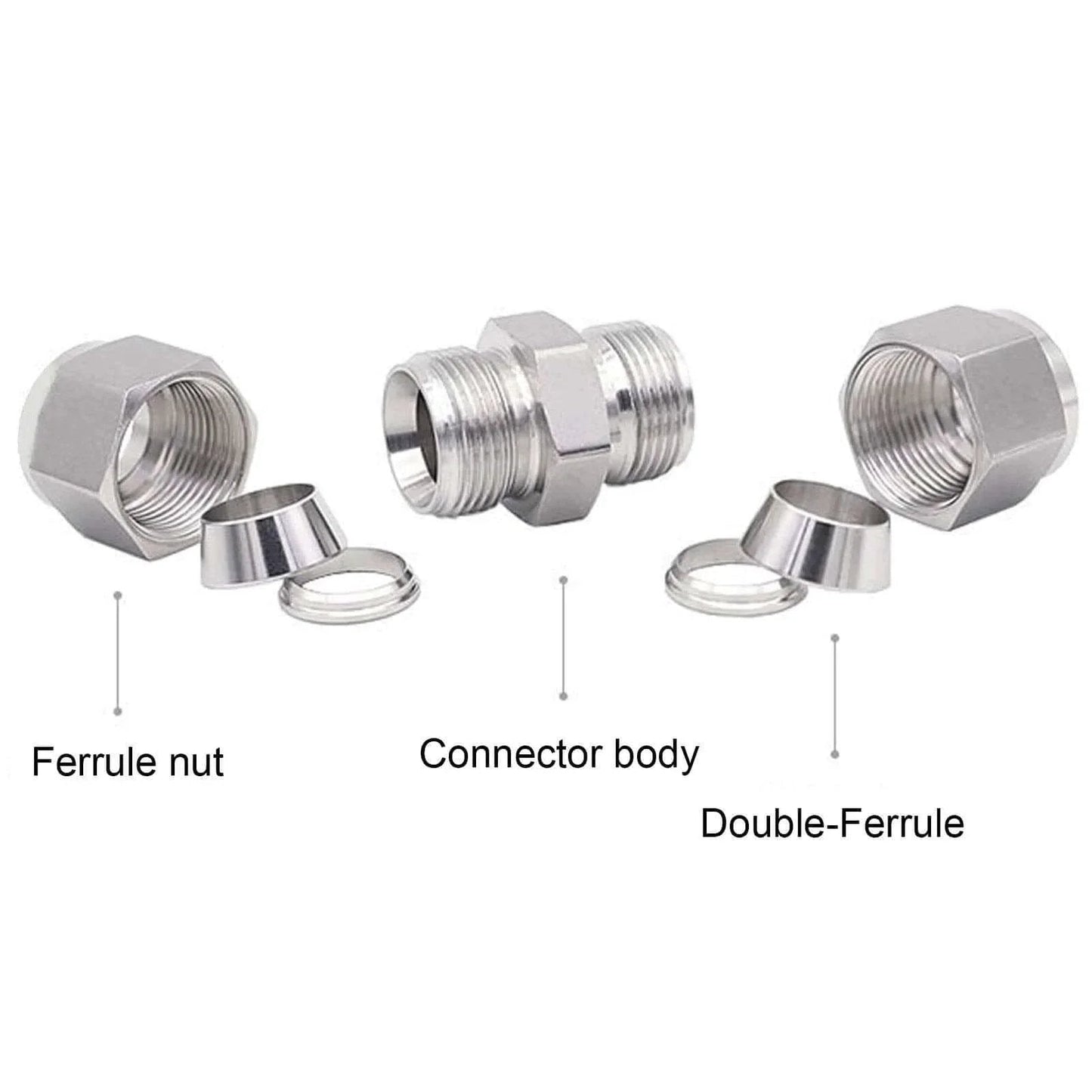 10mm 316 Stainless Steel Compression Fitting Union Straight Tube Connector parts, ferrule nut, connector body, double-ferrule.