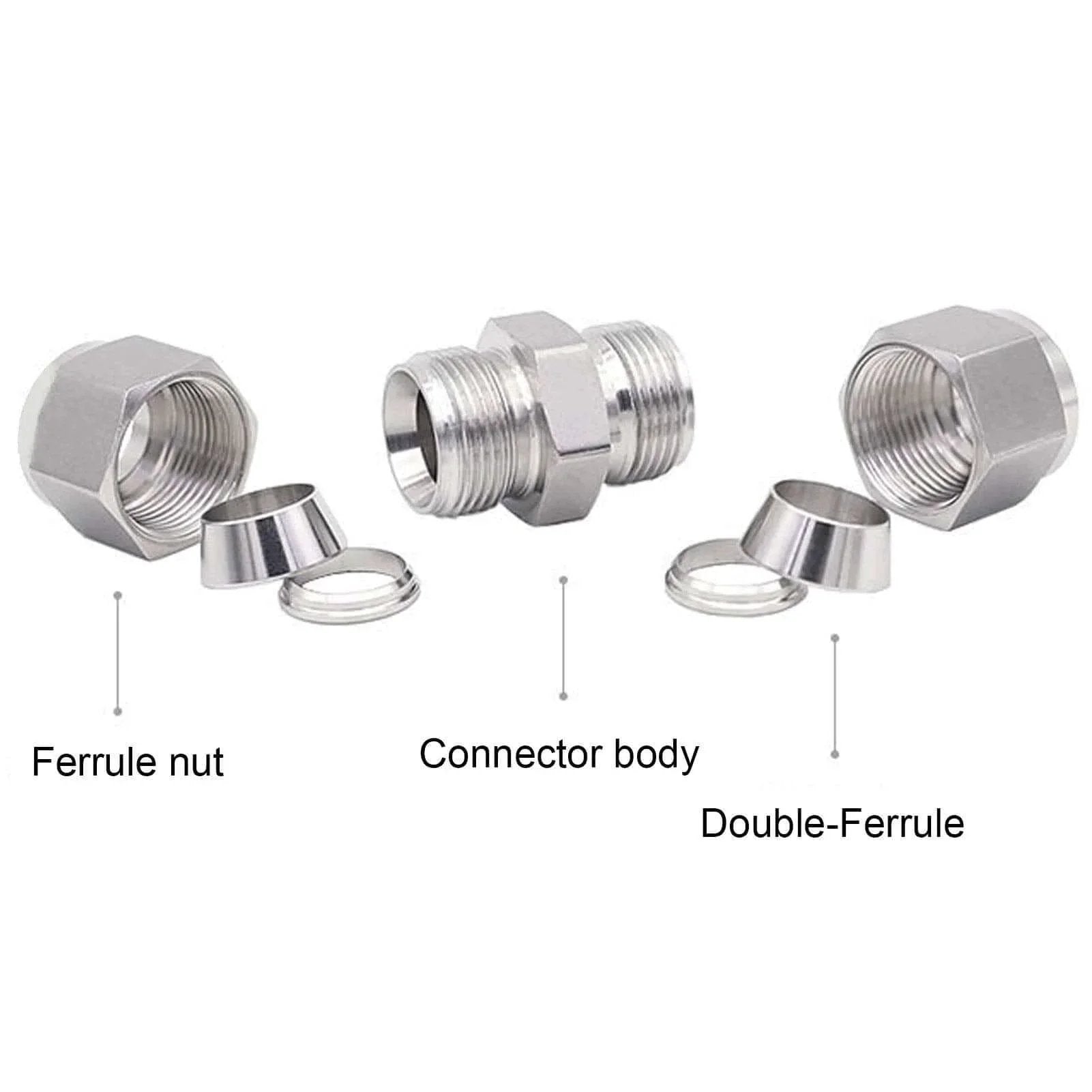 10mm 316 Stainless Steel Compression Fitting Union Straight Tube Connector parts, ferrule nut, connector body, double-ferrule.