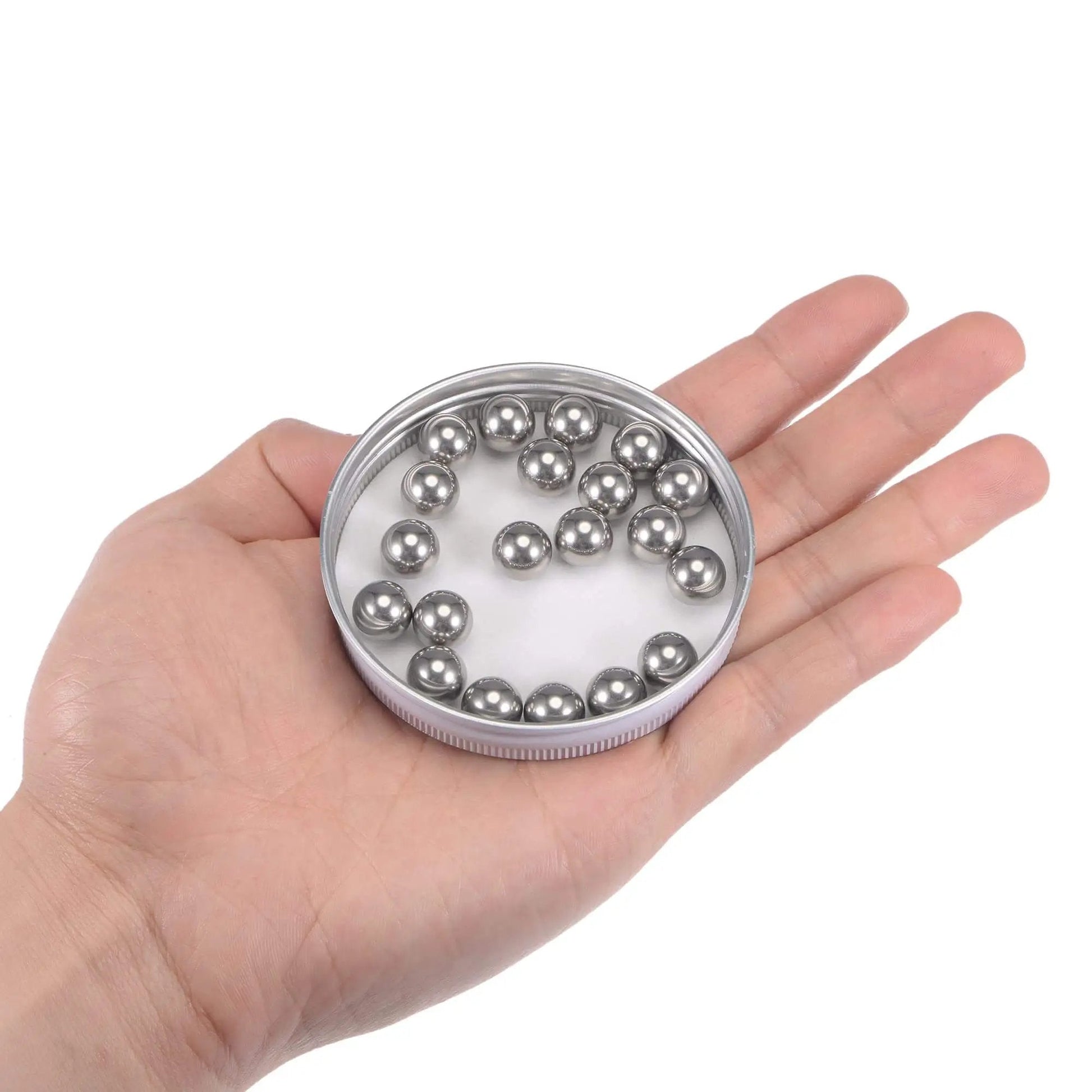 Hand holding a tin of 10mm Stainless Steel Bearing Balls G100 Precision 304 Grade Dope 20 Pack for Smooth Friction Corrosion Resistant