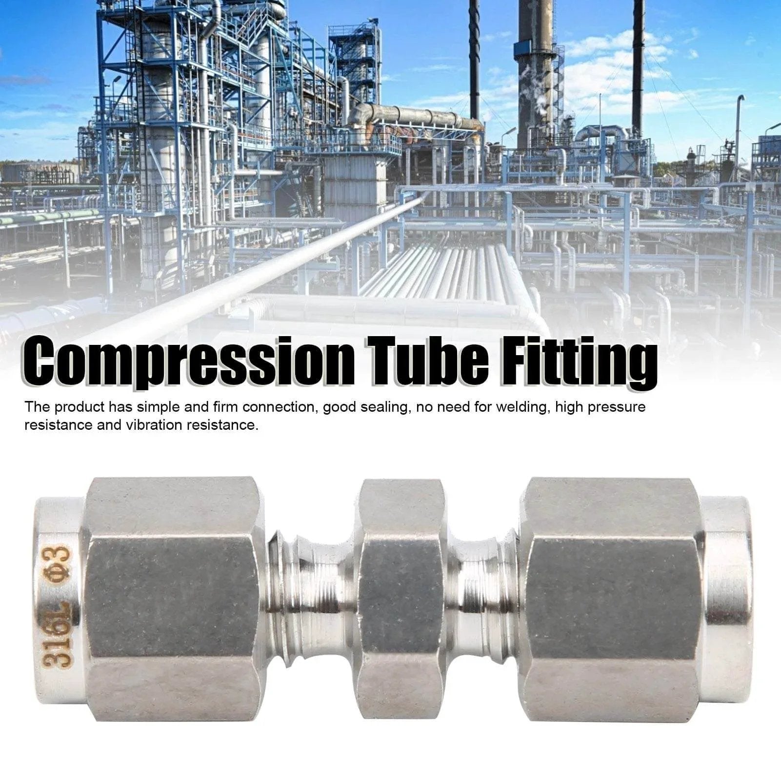 10mm 316 Stainless Steel Compression Fitting Union Straight Tube Connector for Industrial Petrochemical Automotive