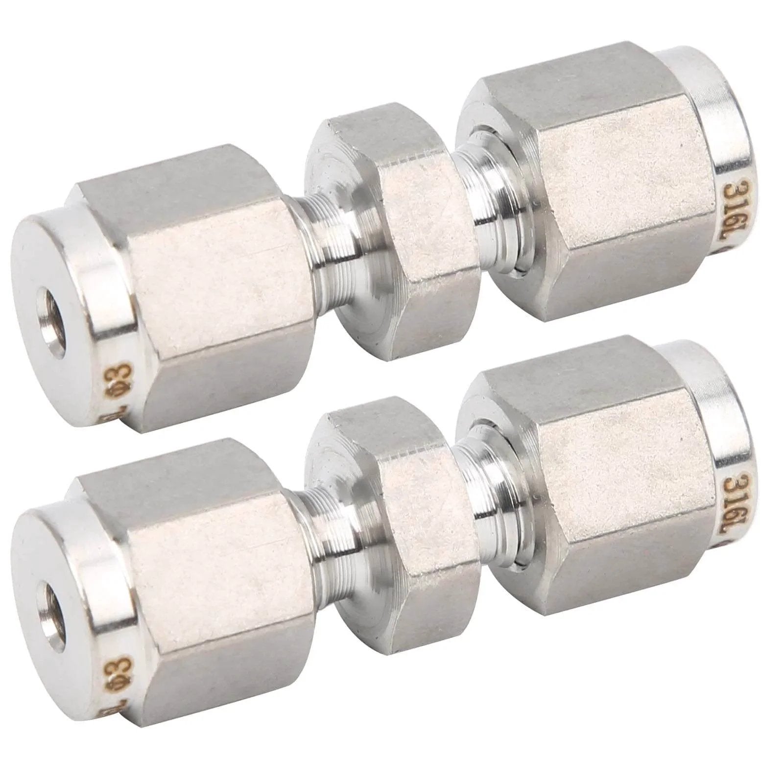 Two 10mm 316 Stainless Steel Compression Fitting Union Straight Tube Connectors, corrosion resistant and ideal for industrial use.