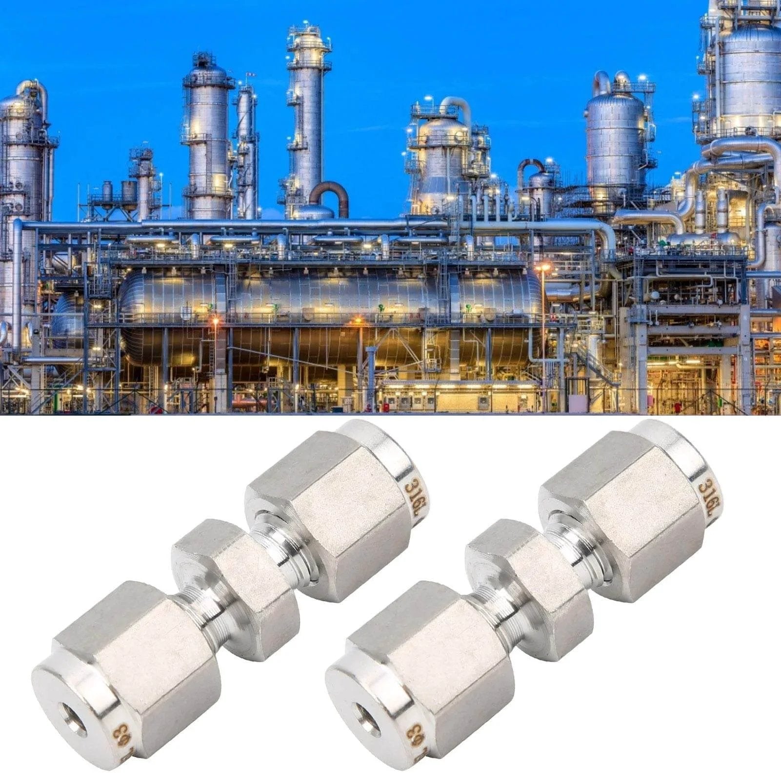 10mm 316 Stainless Steel Compression Fitting Union Straight Tube Connector with industrial petrochemical background