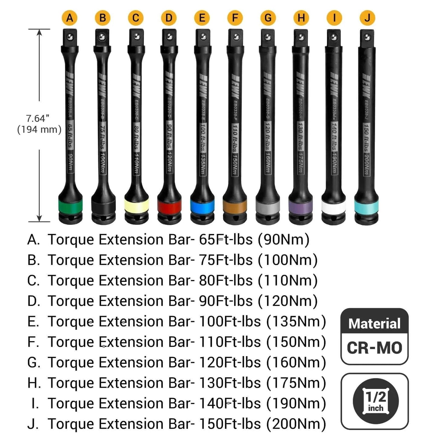 10 Pcs 1/2" Impact Torque Limiting Extension Bar Set, 65-150 Ft-lbs (90-200 Nm) displayed with labels and CR-MO material info