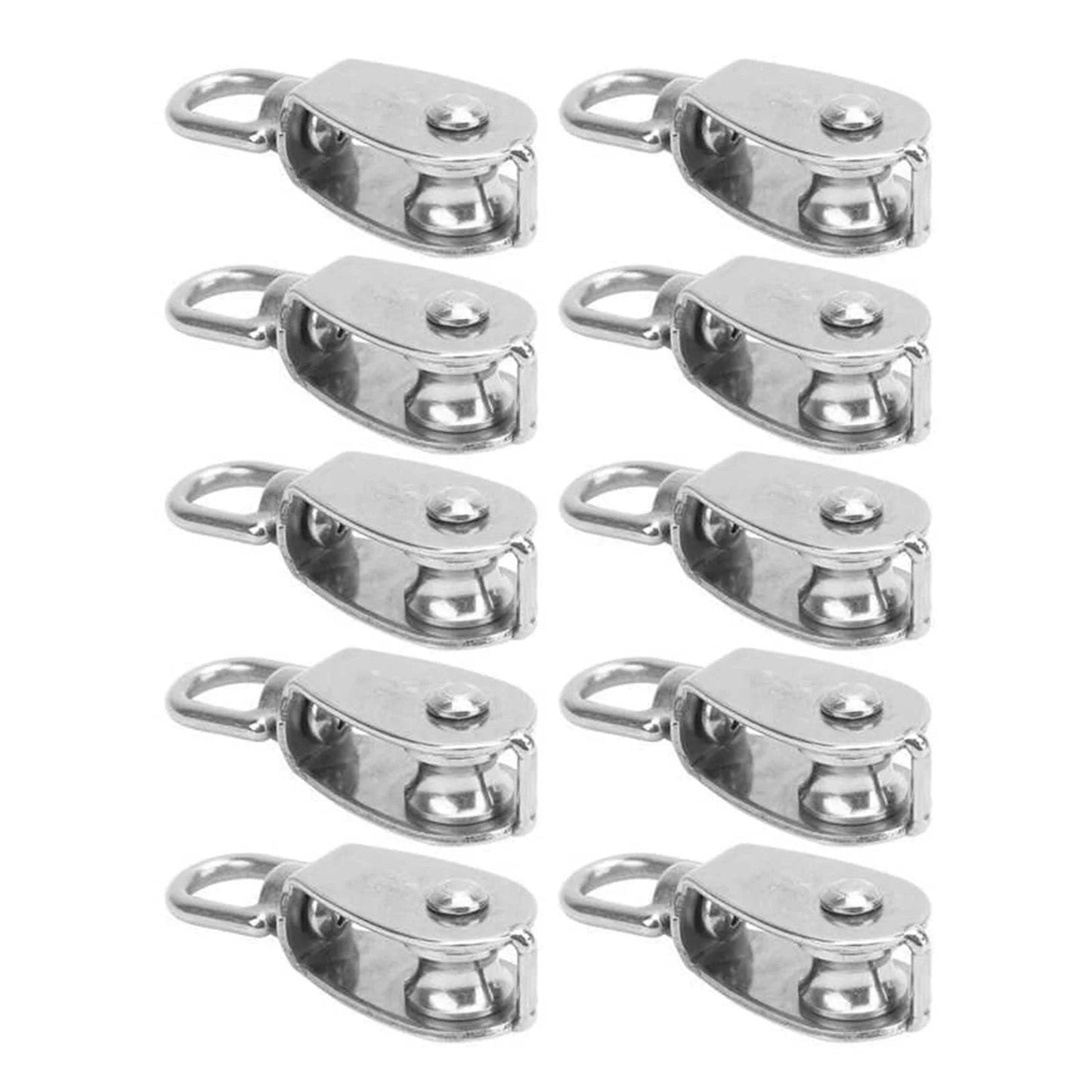 Image of 10Pcs M15 Pulley Block 304 Stainless Steel Heavy Duty Traction Wheel Single Wheel Lifting Rope Block arranged in three rows.