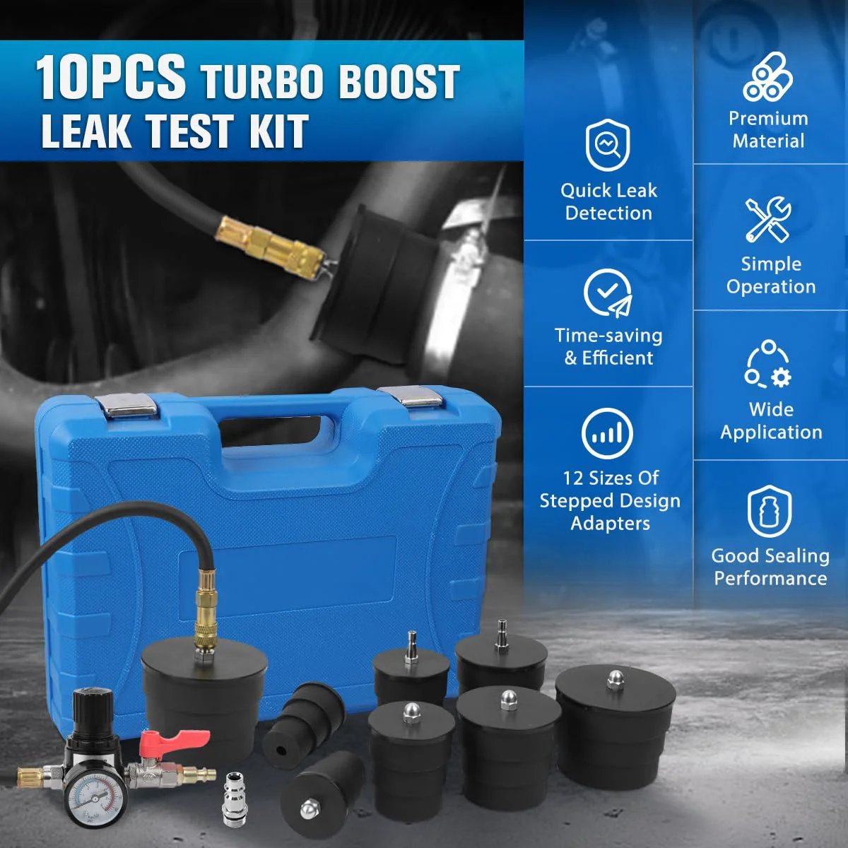 Turbo Boost Leak Tester Kit For Cars And Light Trucks, a 10 Piece Automotive Leak Tester with adapters and case.