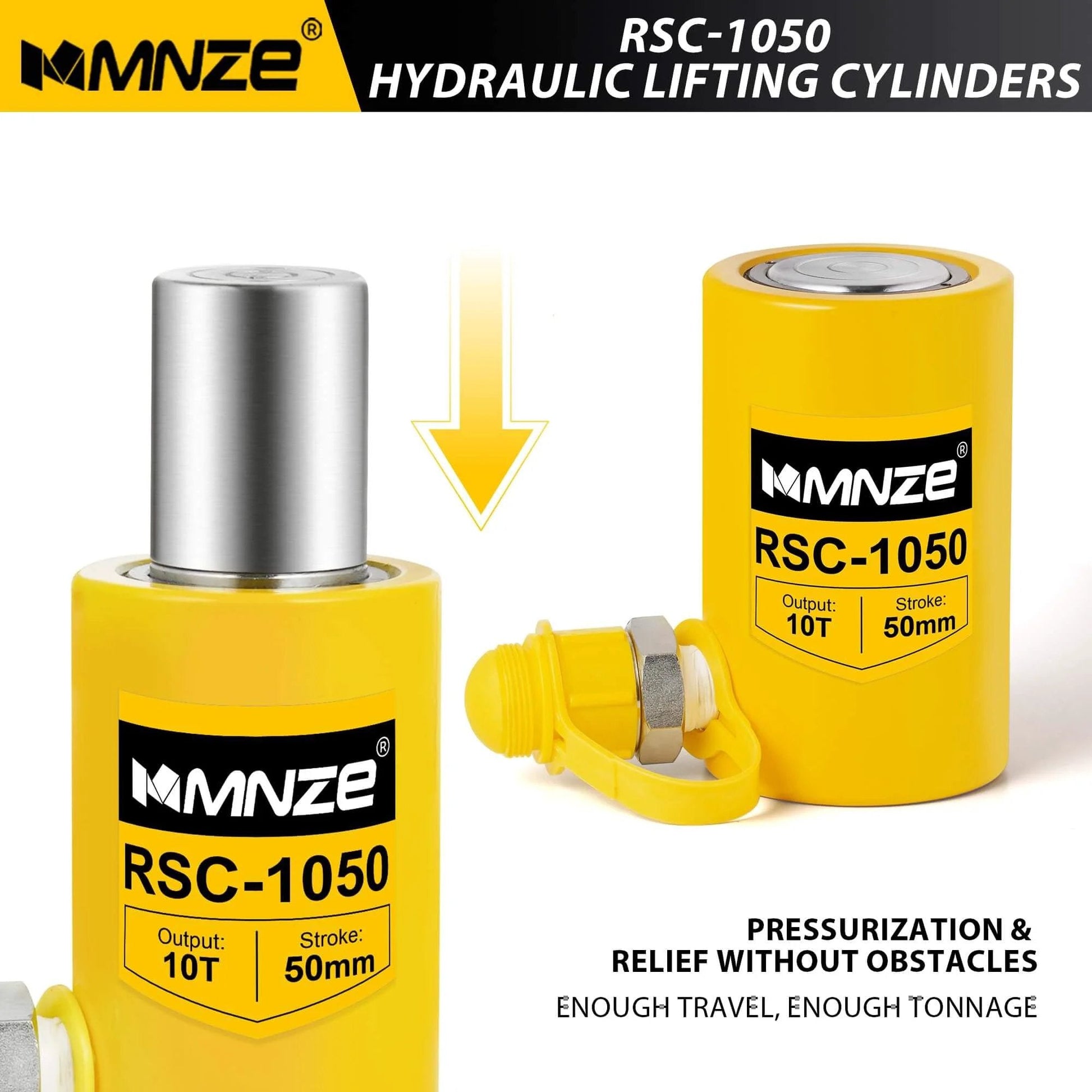 Yellow 10T 50mm/2" Stroke Hydraulic Cylinder Jack Porta Power Ram, single acting, automatic retract, for machinery and construction.