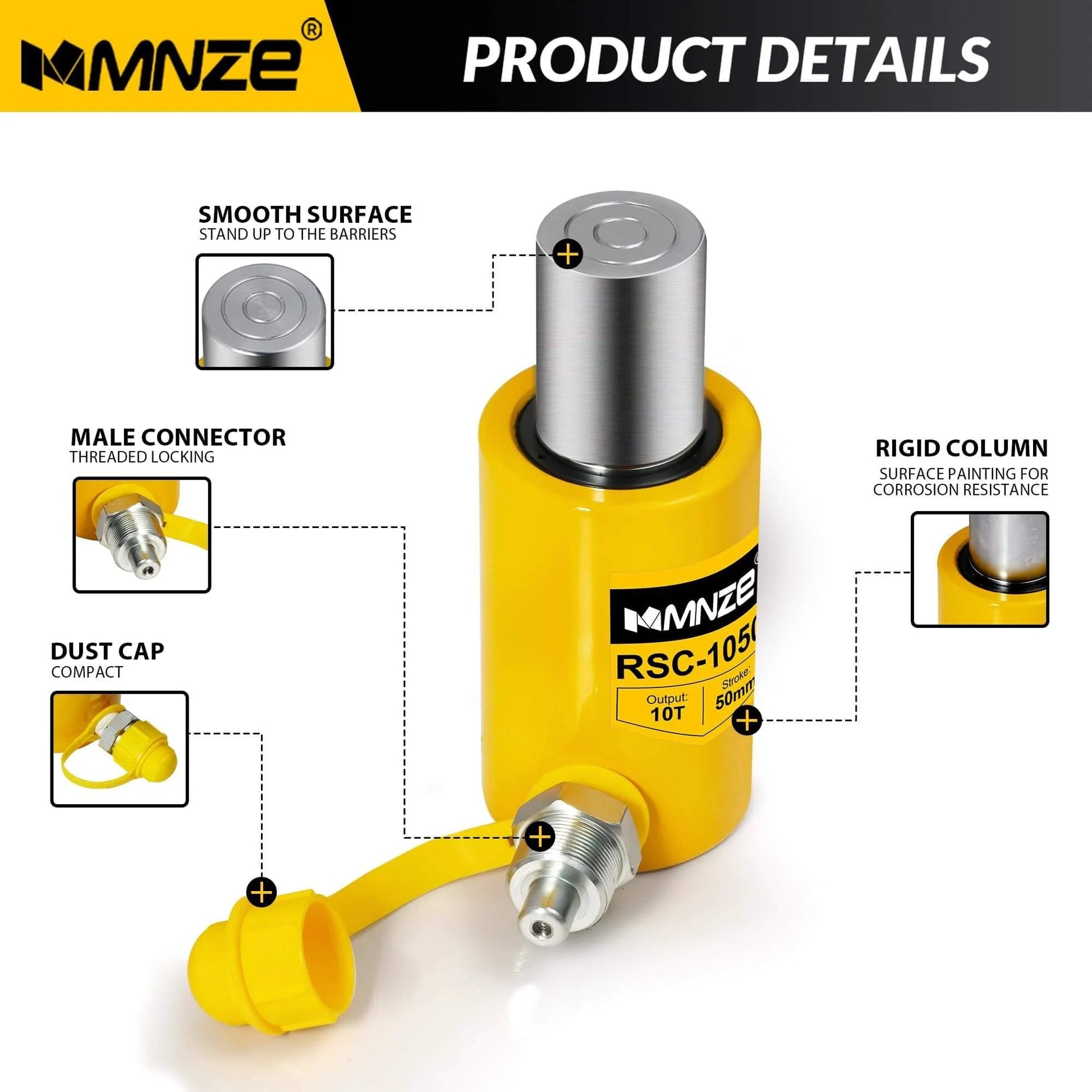 10T 50mm/2" Stroke Hydraulic Cylinder Jack Porta Power Ram Jack Single Acting Lifting Cylinder Retract Automatically for Machinery Ship Bridge Construction - Hydraulic Cylinder - Ram - Jack - Single Acting - Stroke: 2 - Replacement-ready, shop. Yellow hydraulic cylinder with connector and dust cap