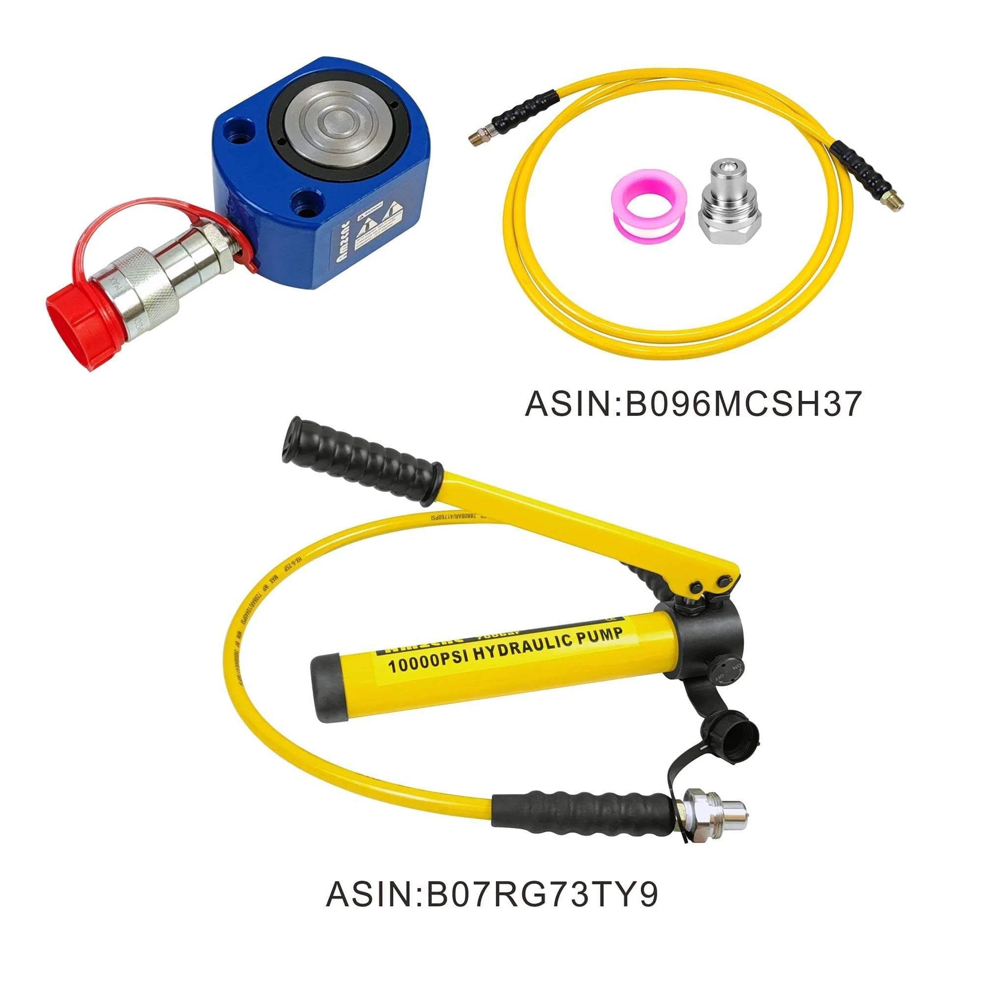 Hydraulic pump and hose set with 10,000 PSI pump and yellow hose, product elements for 10T Hydraulic Ram Cylinder Low Profile Hydraulic Cylinder Jack Single Section Mini Jack Ram 12mm Stroke - Hydraulic Cylinder - Ram - Jack - Stroke: 12 - Replacement-ready, shop use, repair, and equipment builds