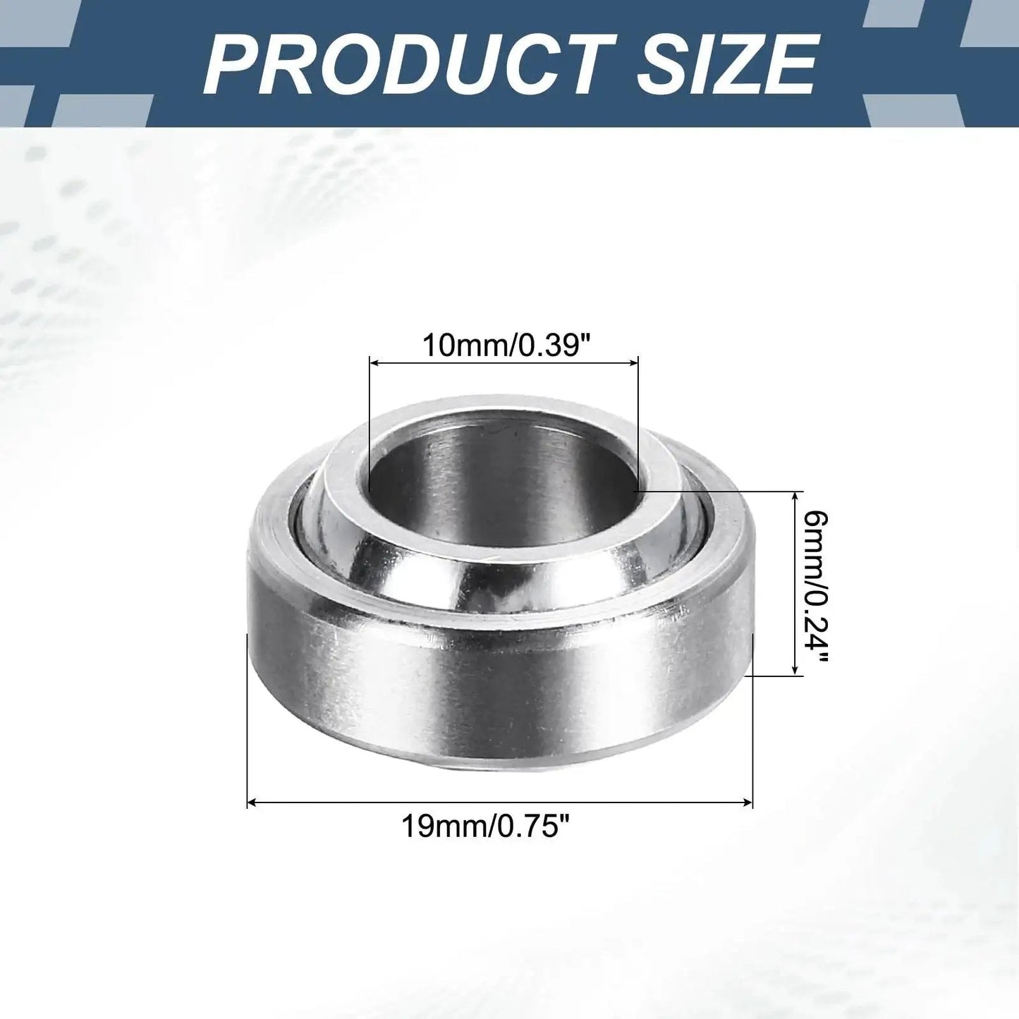 Compact 10x19x6mm spherical bearing pair pre-lubed for low noise ABEC 3 precision, built from GCr15 steel, shown with dimensions.