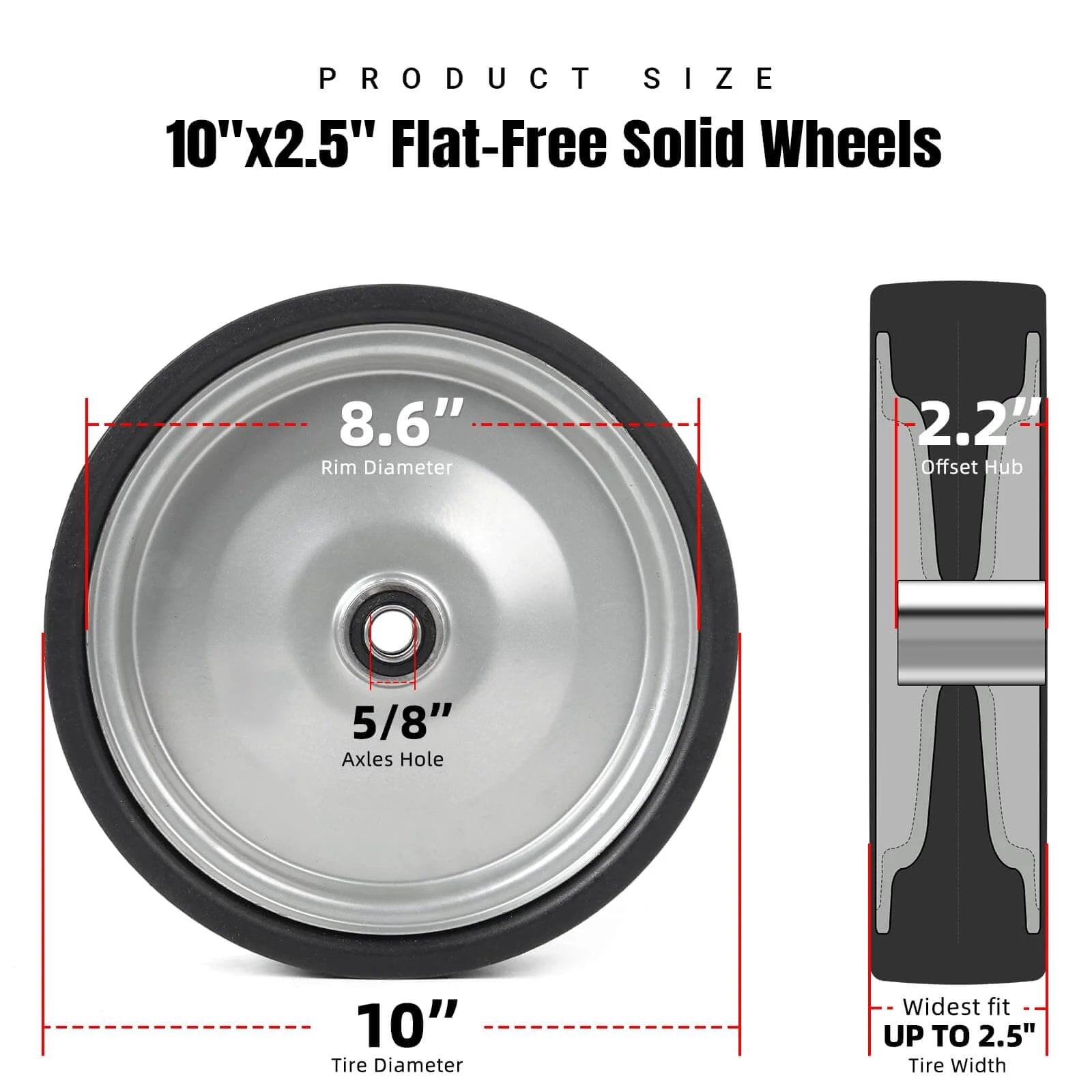 Front view of 10"x2.5" flat-free solid wheel showing 8.6" rim diameter, 5/8" axle hole, and 2.2" offset hub dimensions.