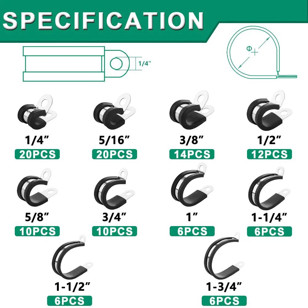 110 Piece Cable Clamps Kit With Ten Sizes showing specification for sizes 1/4" to 1-3/4" with quantities for each.