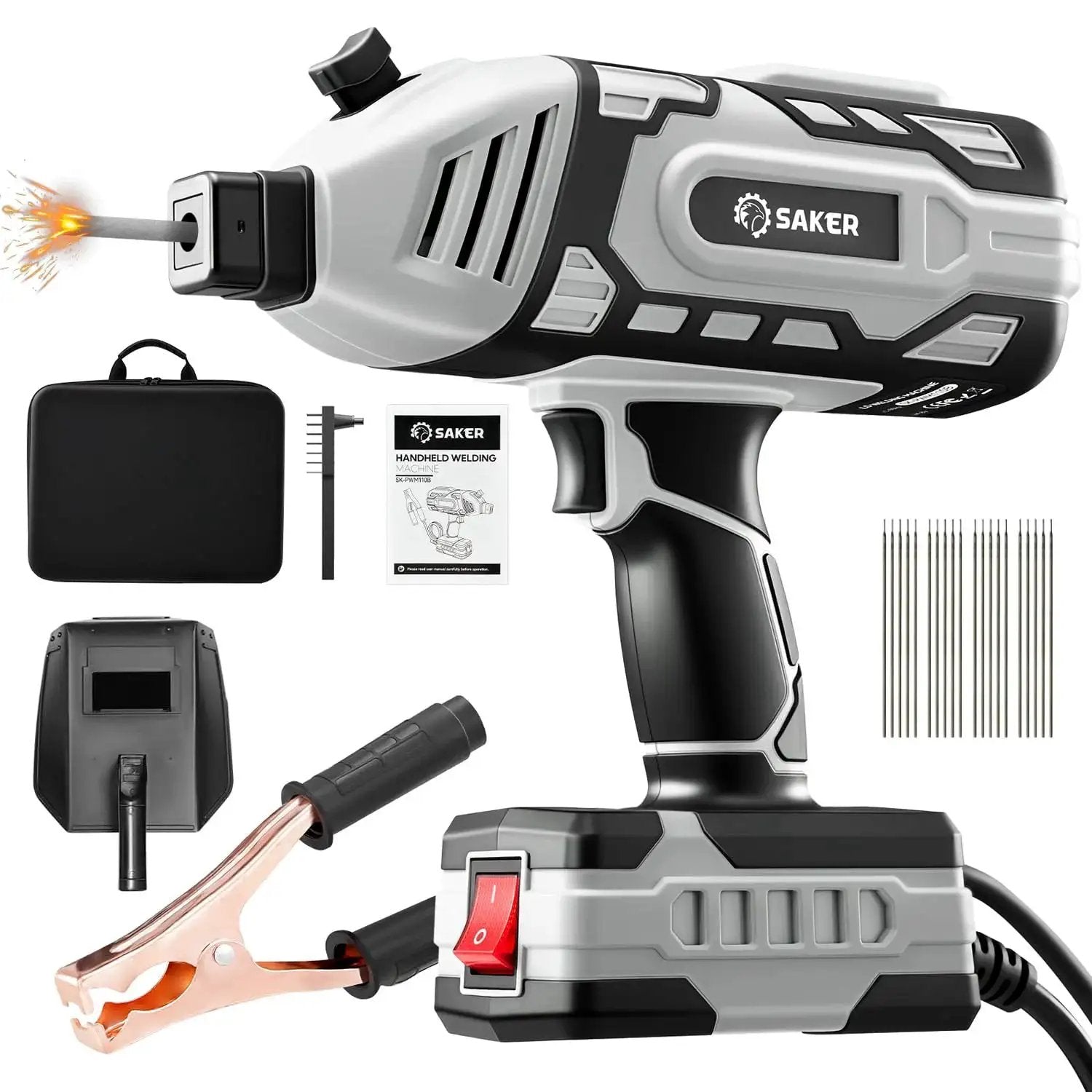 110V Portable IGBT Inverter Welder with accessories, showing arc welding gun, cables, and guide; grey, compact for DIY home projects.