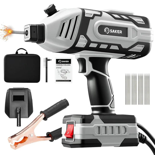 110V Portable IGBT Inverter Welder with accessories, showing arc welding gun, cables, and guide; grey, compact for DIY home projects.