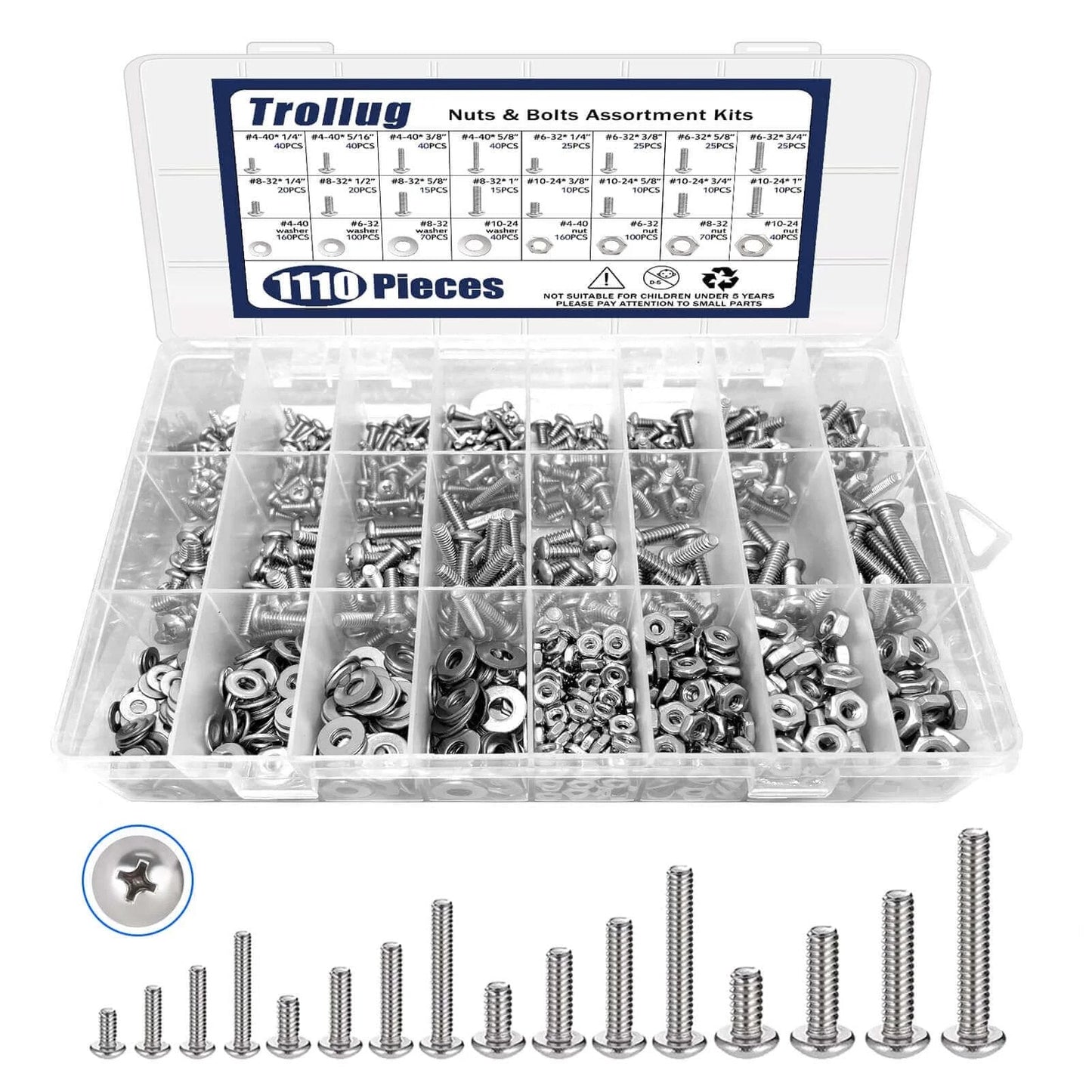 1110 Pcs Stainless Steel Nuts and Bolts Assortment Kit with #4 40 #6 32 #8 32 #10 24 Pan Head Phillips Screws Nuts and Washers Organized for Repairs Electrical and Hardware Projects