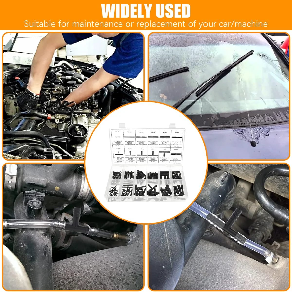 113Piece Car Vacuum Line Connector Kit For Heat Resistant Nylon Tubing Fittings Including Tee Straight Reducer And Quick Release Assortment With Universal Fit Sandfren For Quick Repairs On Any Vehicle And DIY Auto Shop Use displayed in a clear organizer with various fittings.