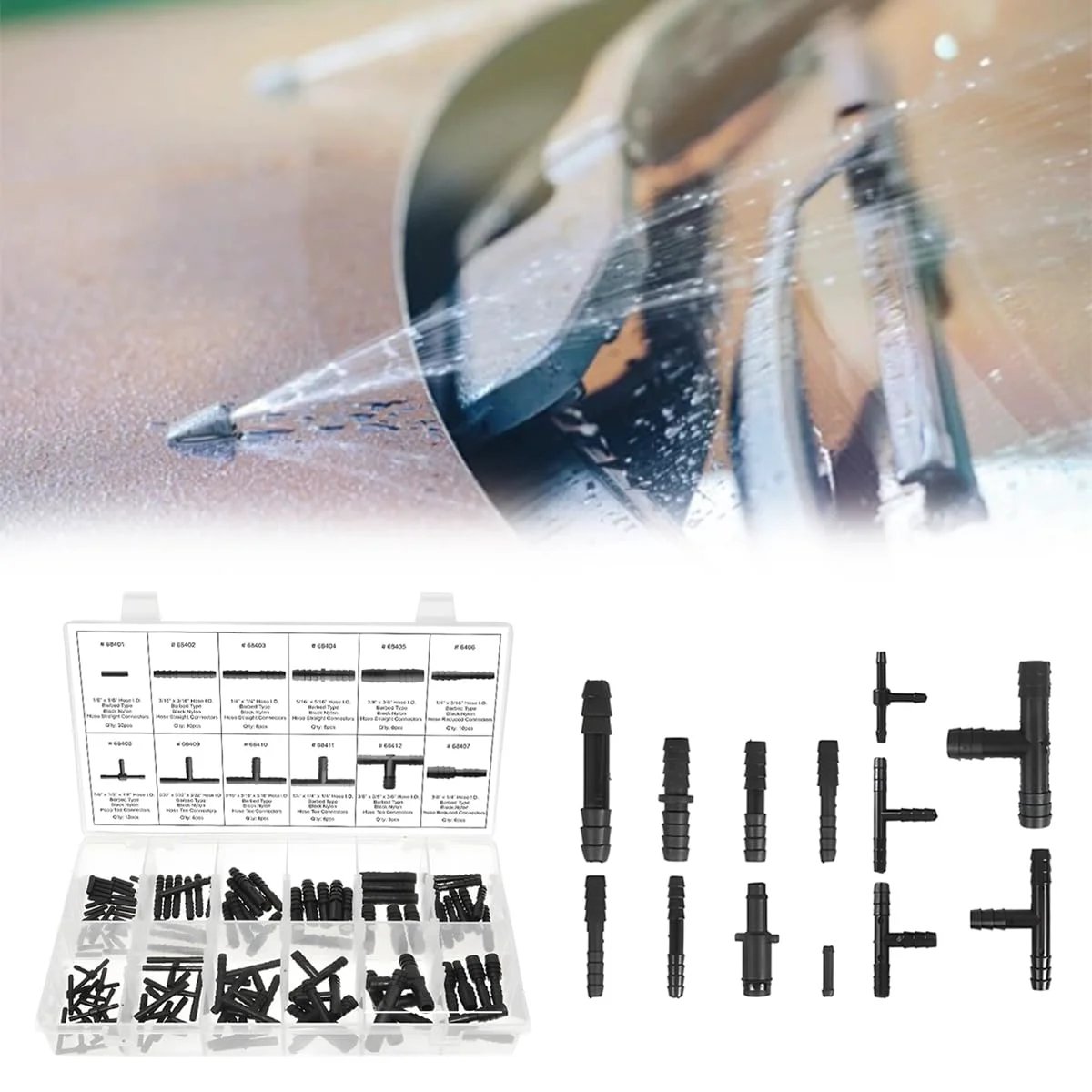 113Piece Car Vacuum Line Connector Kit For Heat Resistant Nylon Tubing Fittings Including Tee Straight Reducer And Quick Release Assortment With Universal Fit; organized in clear case with various connectors