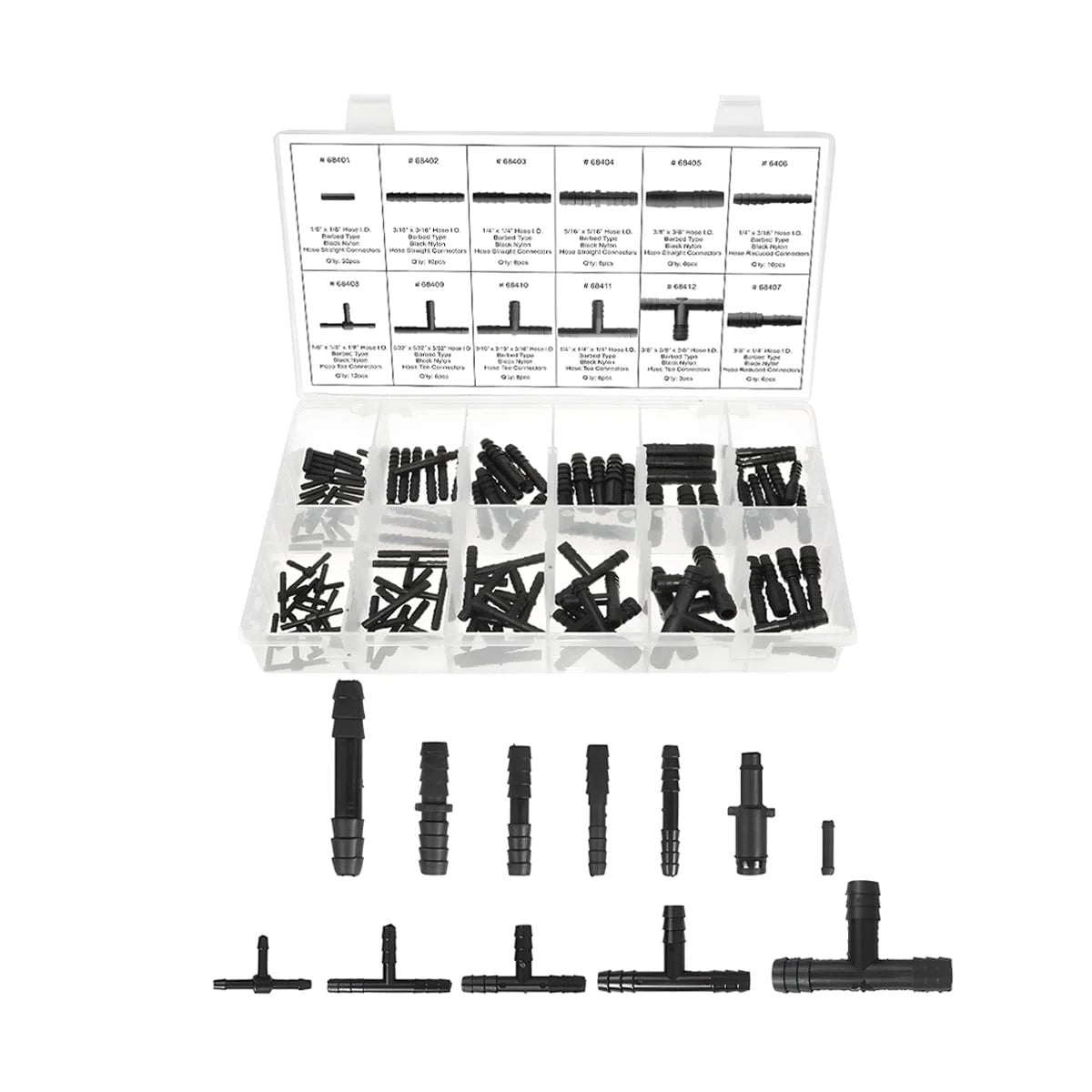 113Piece Car Vacuum Line Connector Kit For Heat Resistant Nylon Tubing Fittings Including Tee Straight Reducer And Quick Release Assortment With Universal Fit Sandfren For Quick Repairs On Any Vehicle And DIY Auto Shop Use stored in a clear organizer.
