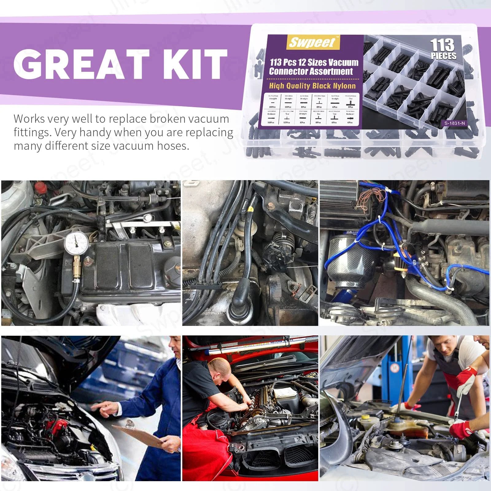 113Pcs Vacuum Connector Kit With Tee Reducers And Straight Hose Connectors For Replacing Vacuum Hoses In Your DIY Setup, Includes clear view of assortment in organizer case.