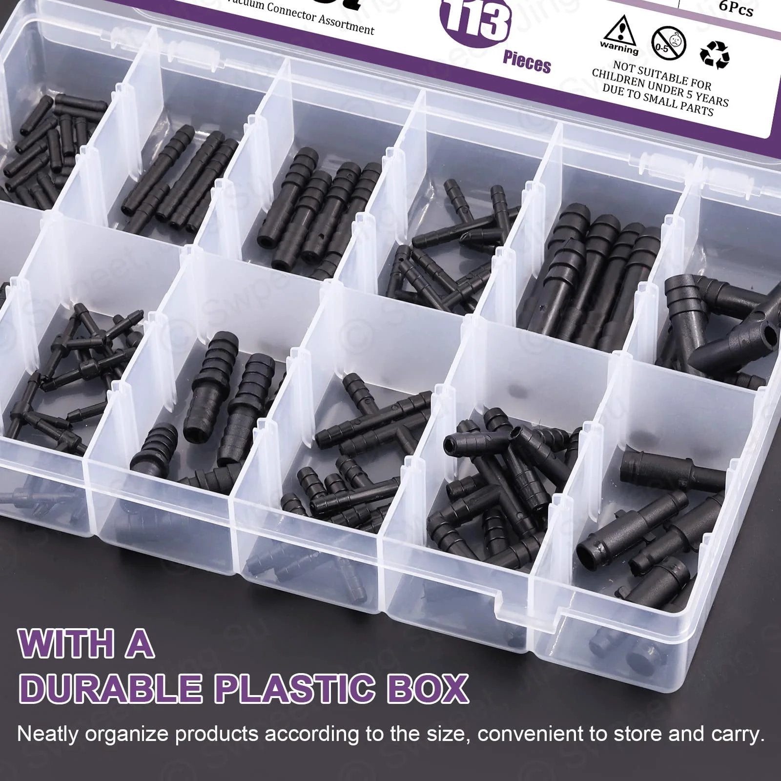113Pcs Vacuum Connector Kit With Tee Reducers And Straight Hose Connectors For Replacing Vacuum Hoses In Your DIY Setup, Includes 37Pcs Tee Fittings, 16Pcs Reducers And 60Pcs Straight Connectors In A Durable Organizer Case.