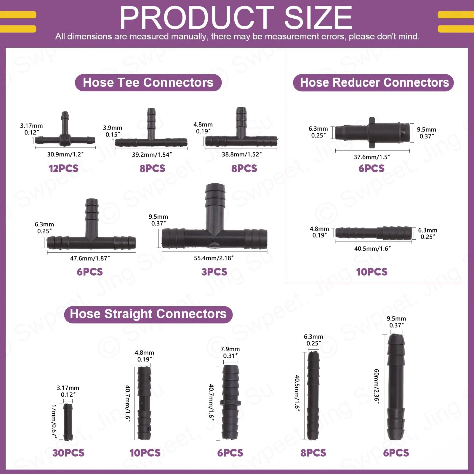 113Pcs Vacuum Connector Kit With Tee Reducers And Straight Hose Connectors For Replacing Vacuum Hoses In Your DIY Setup, Includes product size chart.