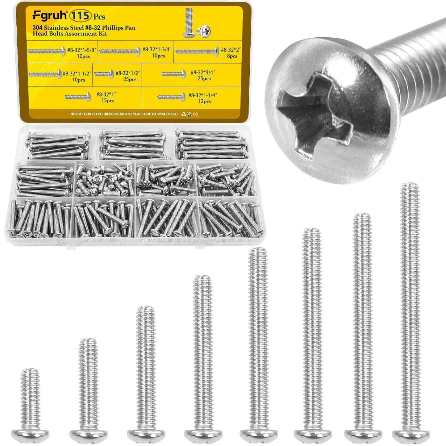 115 Pcs #8-32 Machine Screws Assortment Kit with Phillips Pan Head 304 Stainless Steel Screws in Lengths from 1/2 to 2 Inches Designed for Electrical Wall Plates Switches and Household Repairs