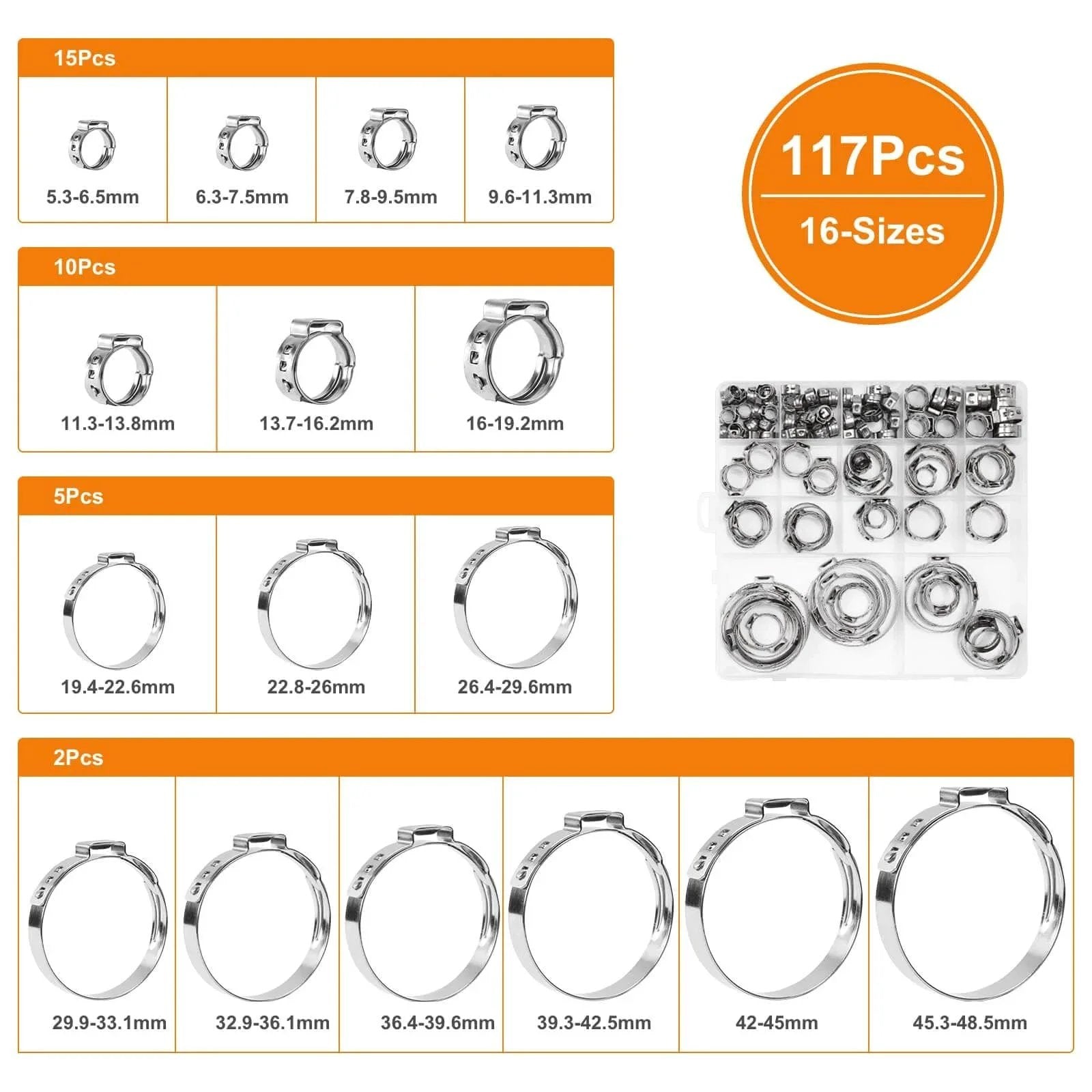 117 Piece 16 Size Single Ear Hose Clamp Kit In 304 Stainless Steel With Ear Clamps 6.5 To 48.5 Mm For Automotive Plumbing And Home Appliances
