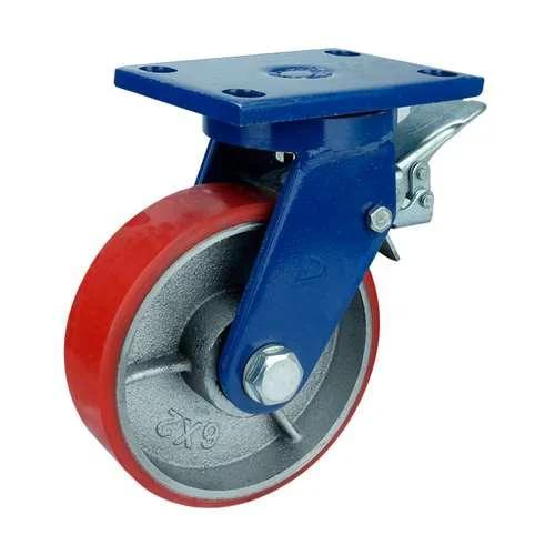 12" Caster Wheel 3307 Lbs - Brake - Cast iron PU Top Plate