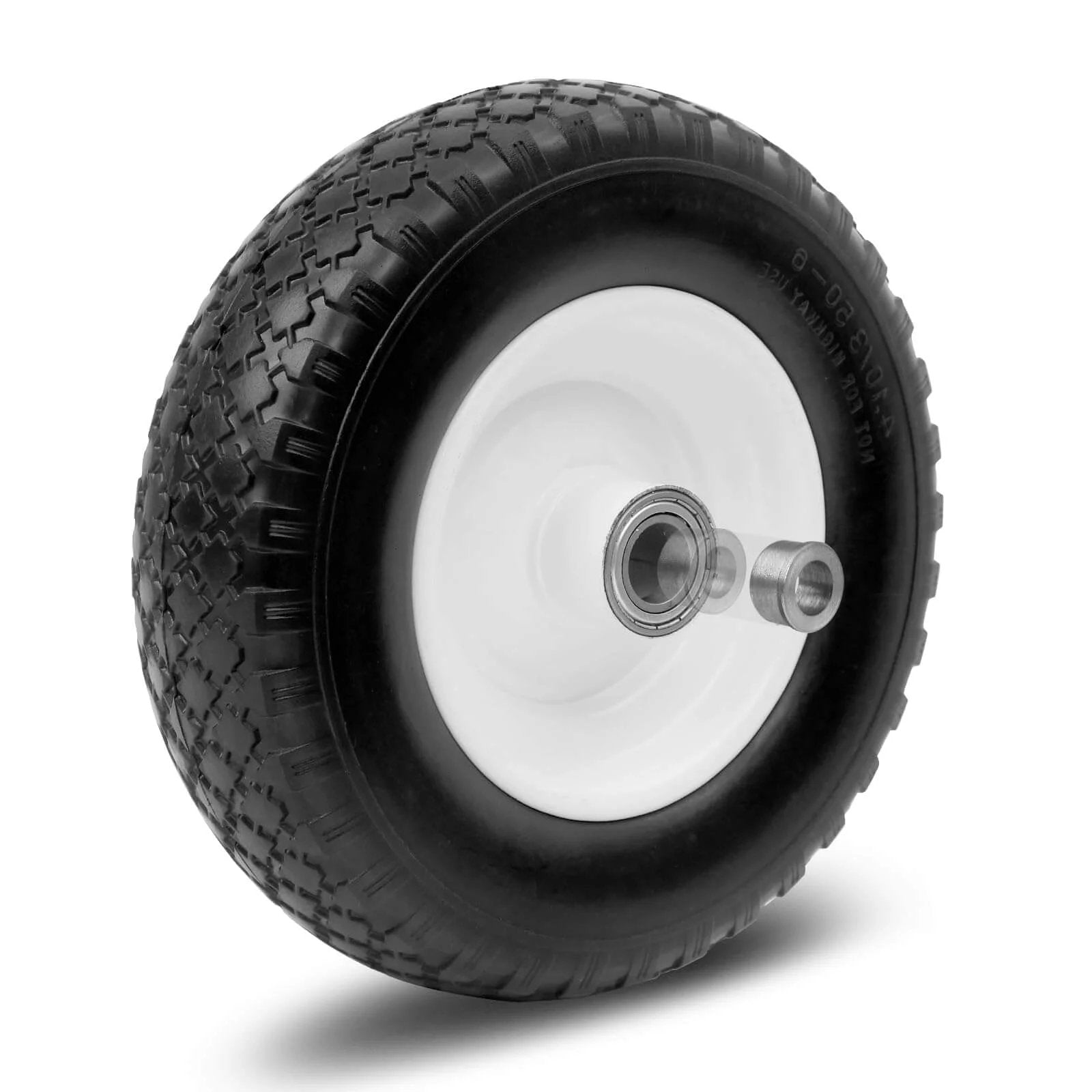 12 Inch Flat Free Solid Polyurethane Tire and Wheel, Black All Purpose Replacement with 1 Inch Bore, Center Hub Design, side view.