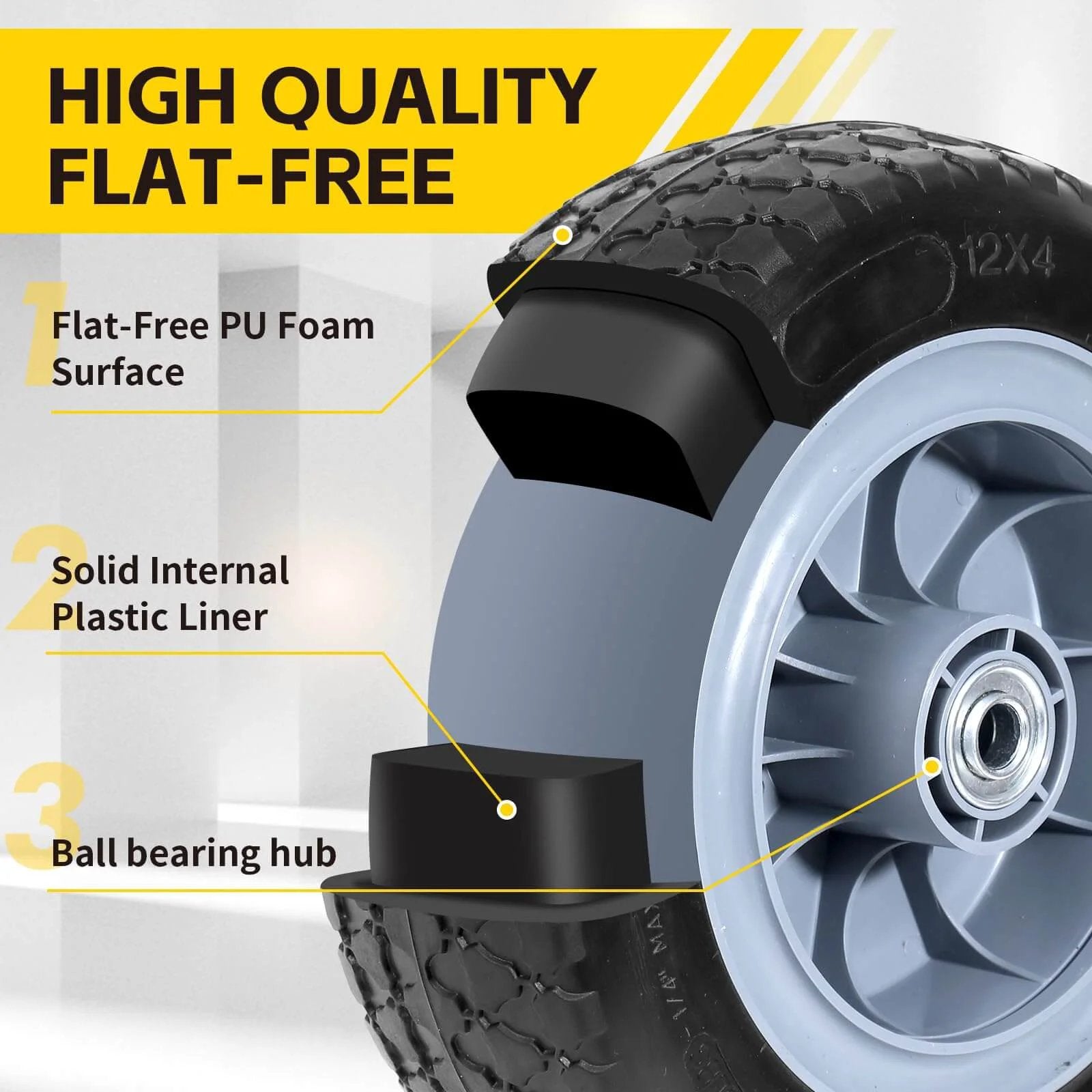 Diagram of 12 Inch Solid Flat Free PU Tire and Wheel, 5/8 Inch Axle Bore, showing PU foam surface and bearing hub details.
