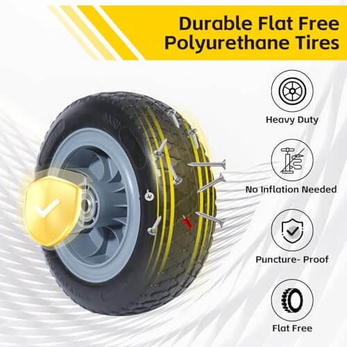 12 Inch Solid Flat Free PU Tire and Wheel, 5/8 Inch Axle Bore, puncture-proof with no inflation needed, heavy duty for carts