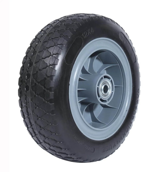 12 Inch Solid Flat Free PU Tire and Wheel, 5/8 Inch Axle Bore, front view showing tread pattern and hub
