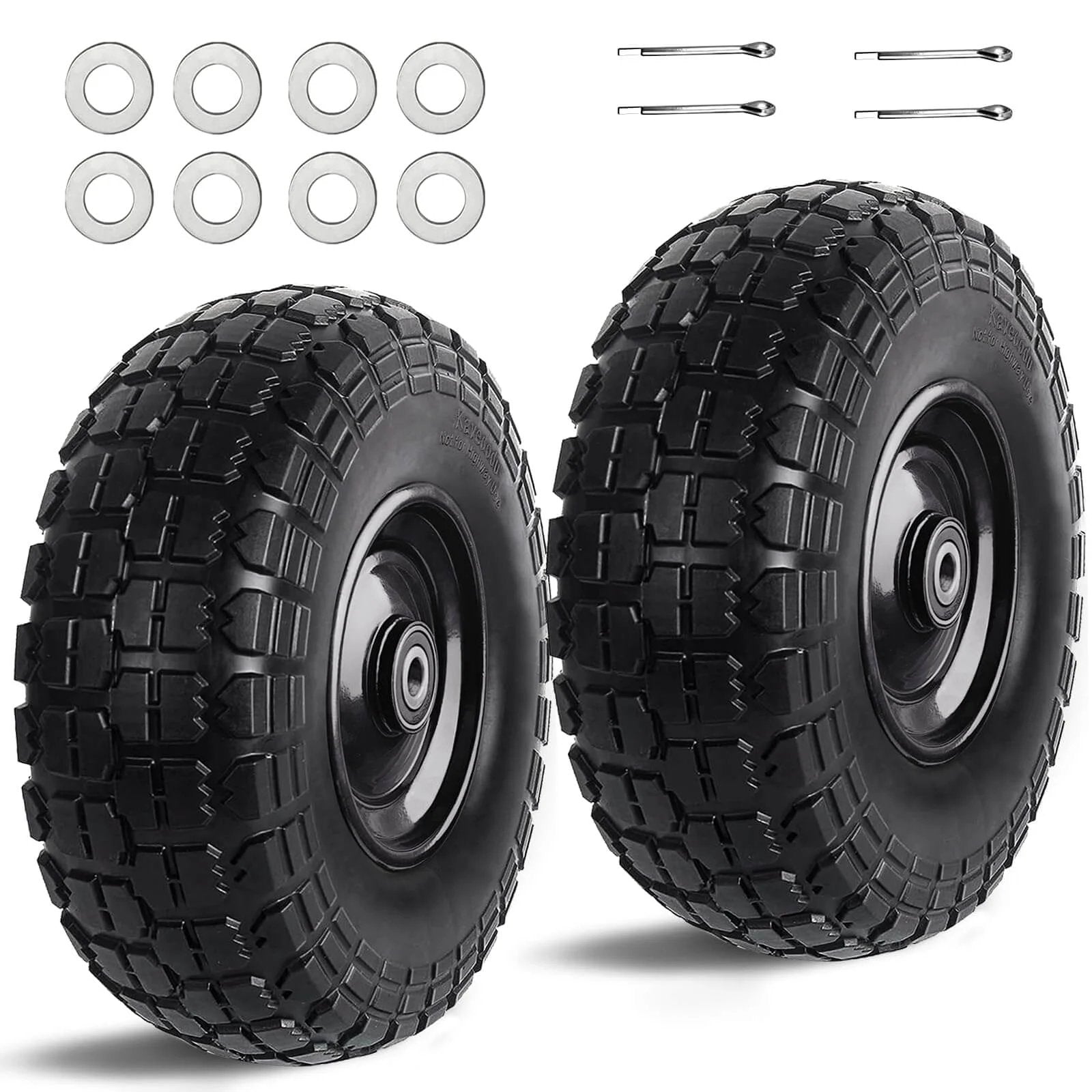 12 Inch Flat Free Solid Rubber Tire and Wheel Set, 410/350-6 Polyurethane Replacement Wheels with accessories