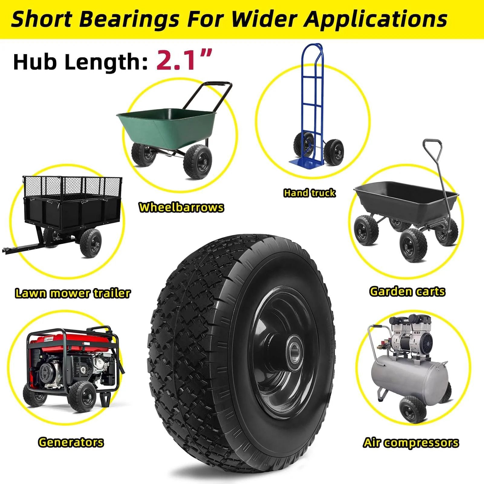 12 Inch Flat Free Solid Rubber Tire and Wheel Assembly with 2.1 Inch Offset Hub shown next to compatible garden carts and equipment.