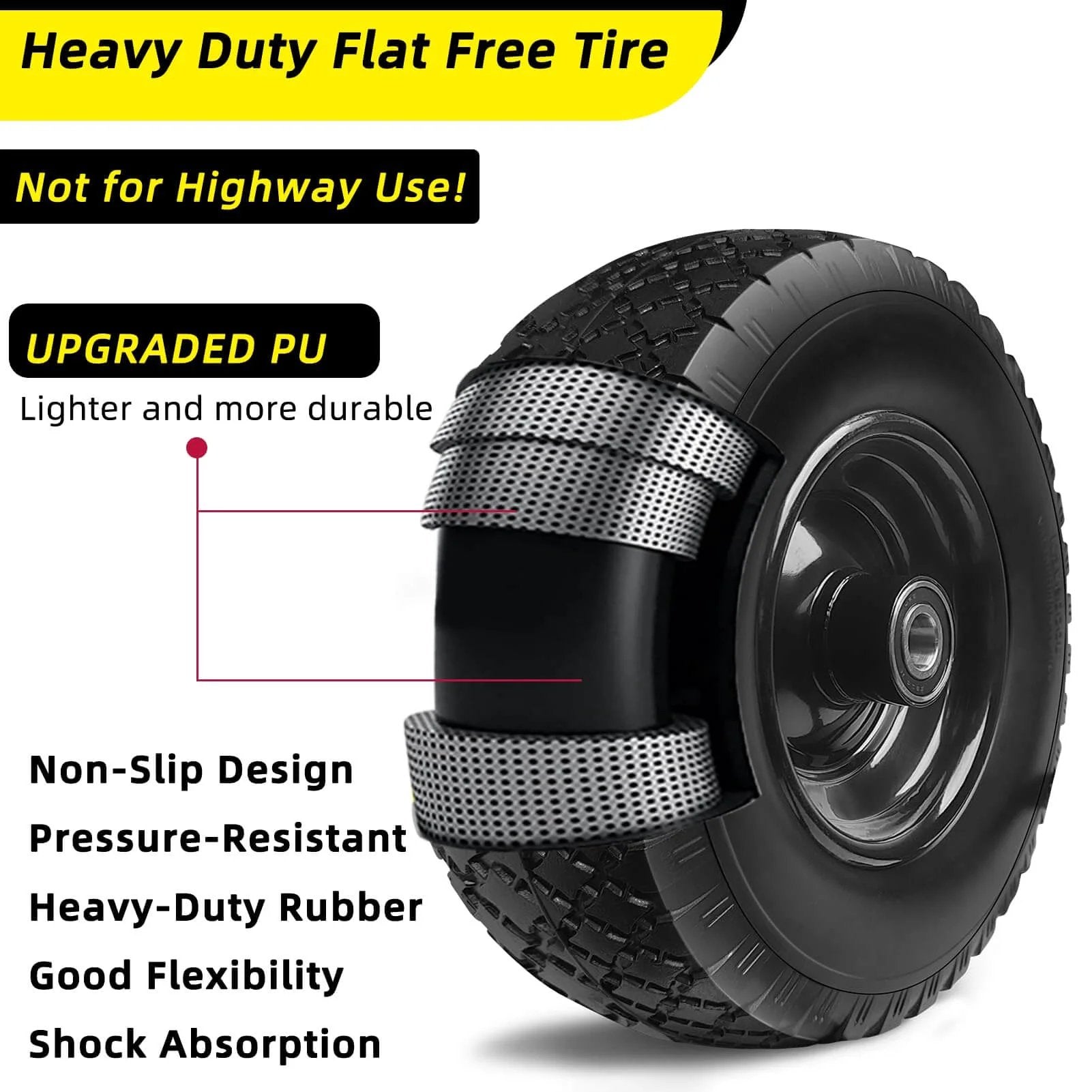 12 Inch Flat Free Solid Rubber Tire and Wheel Assembly with 2.1 Inch Offset Hub, polyurethane tread, tire diagram shown