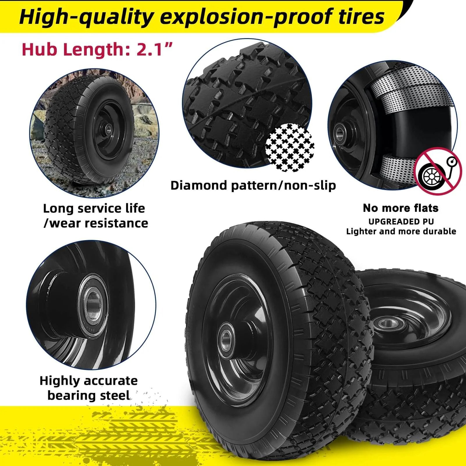 12 Inch Flat Free Solid Rubber Tire and Wheel Assembly with 2.1 Inch Offset Hub featuring diamond pattern and durable PU.