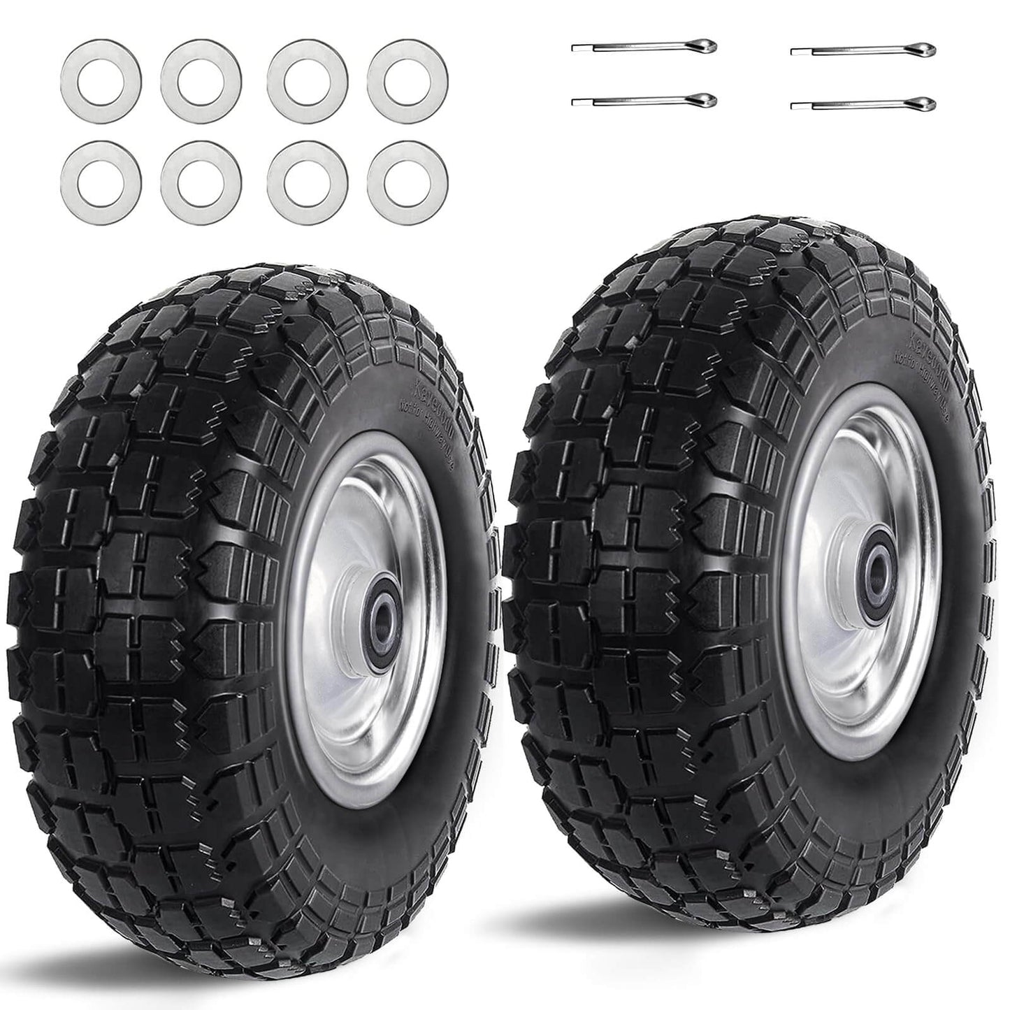 12 Inch Flat Free Solid Tire and Wheel Assemblies, 410/350-6 Polyurethane Replacement Tires, silver, for hand trucks and garden carts