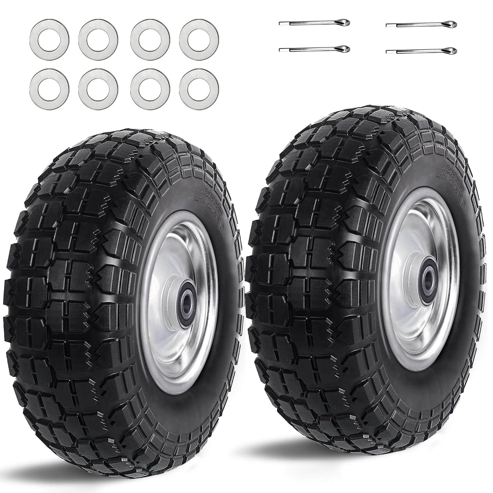 12 Inch Flat Free Solid Tire and Wheel Assemblies, 410/350-6 Polyurethane Replacement Tires, silver, for hand trucks and garden carts