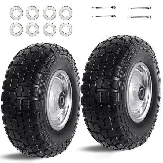 12 Inch Flat Free Solid Tire and Wheel Assemblies, 410/350-6 Polyurethane Replacement Tires, silver, for hand trucks and garden carts