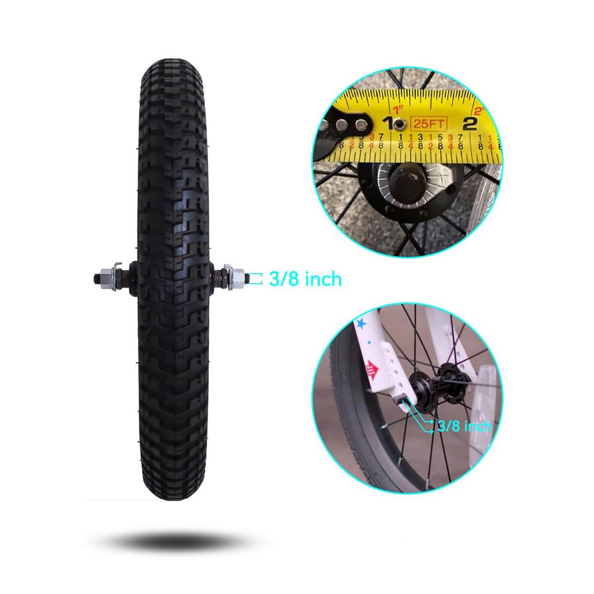 12 Inch Kids Bike Front Wheel Replacement with Air Rubber Tire, Black Steel Rim, Stainless Spokes, 3/8 inch axle detail
