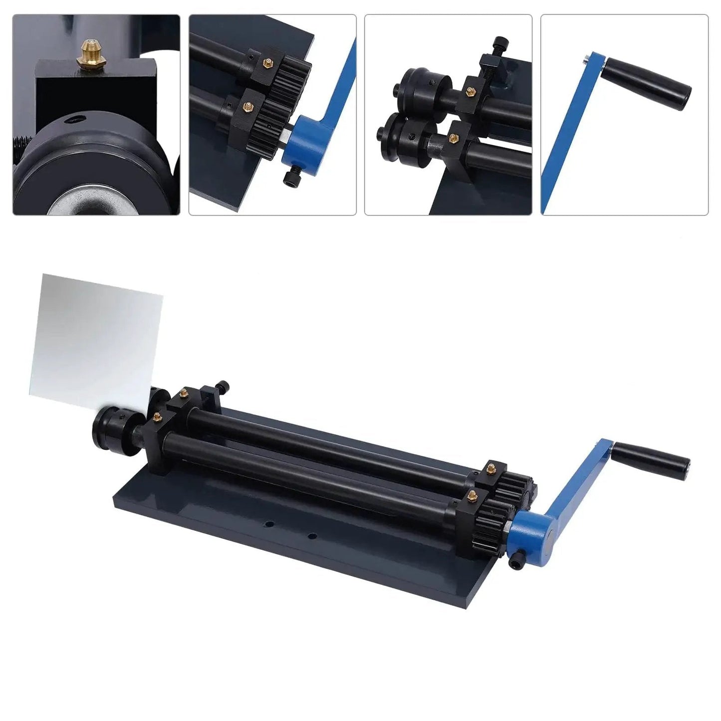 12 Inch Gear Drive Bead Roller Machine with bench mount and manual bending handle, featuring 6 dies for metal sheets and vehicle floor pans.