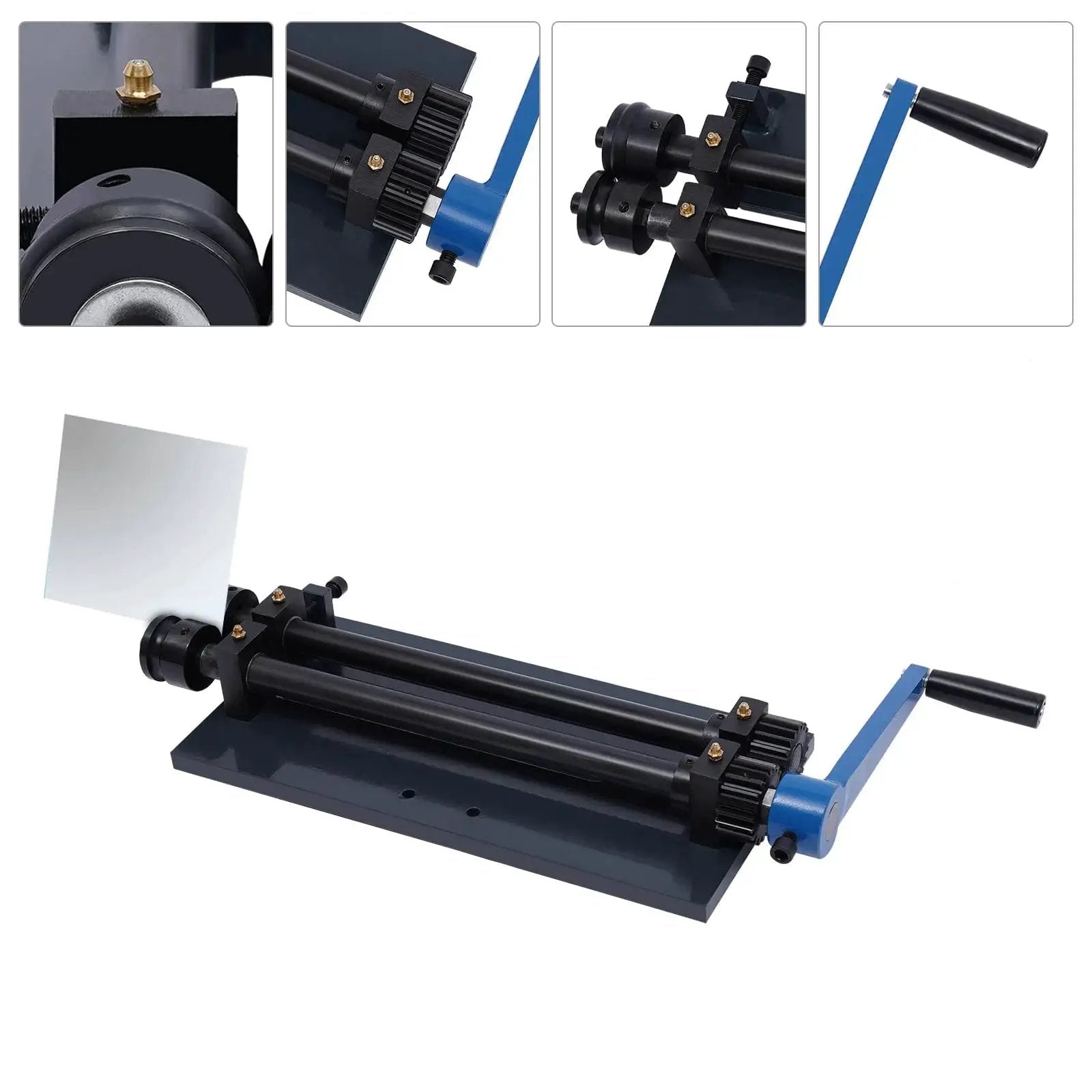 12 Inch Gear Drive Bead Roller Machine with bench mount and manual bending handle, featuring 6 dies for metal sheets and vehicle floor pans.