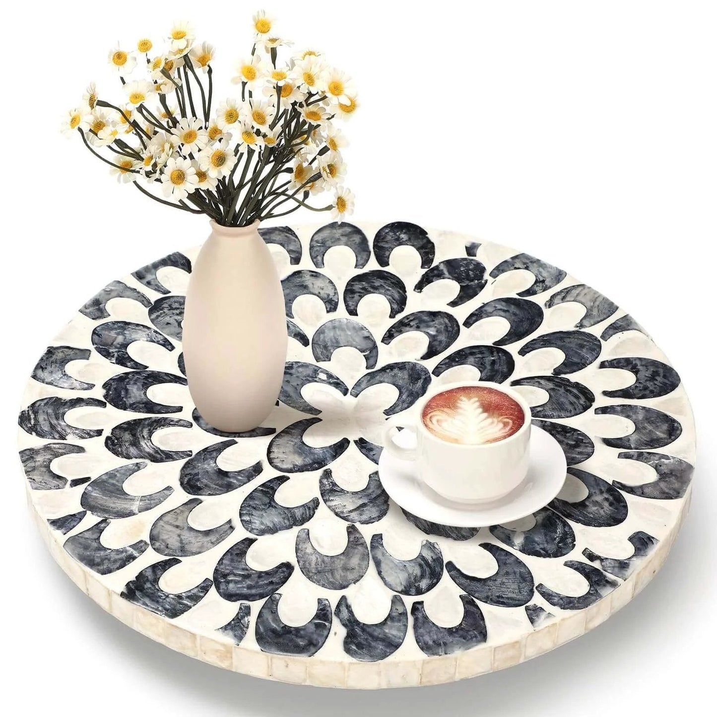 12 inch mother of pearl lazy susan turntable with floral pattern, decorative wooden rotating tray designed for kitchen counters and tables