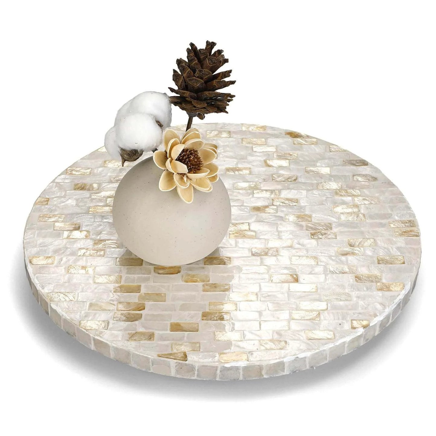 12 inch mother of pearl lazy susan turntable with marble pattern, decorative wooden rotating tray designed for kitchen counters and tables