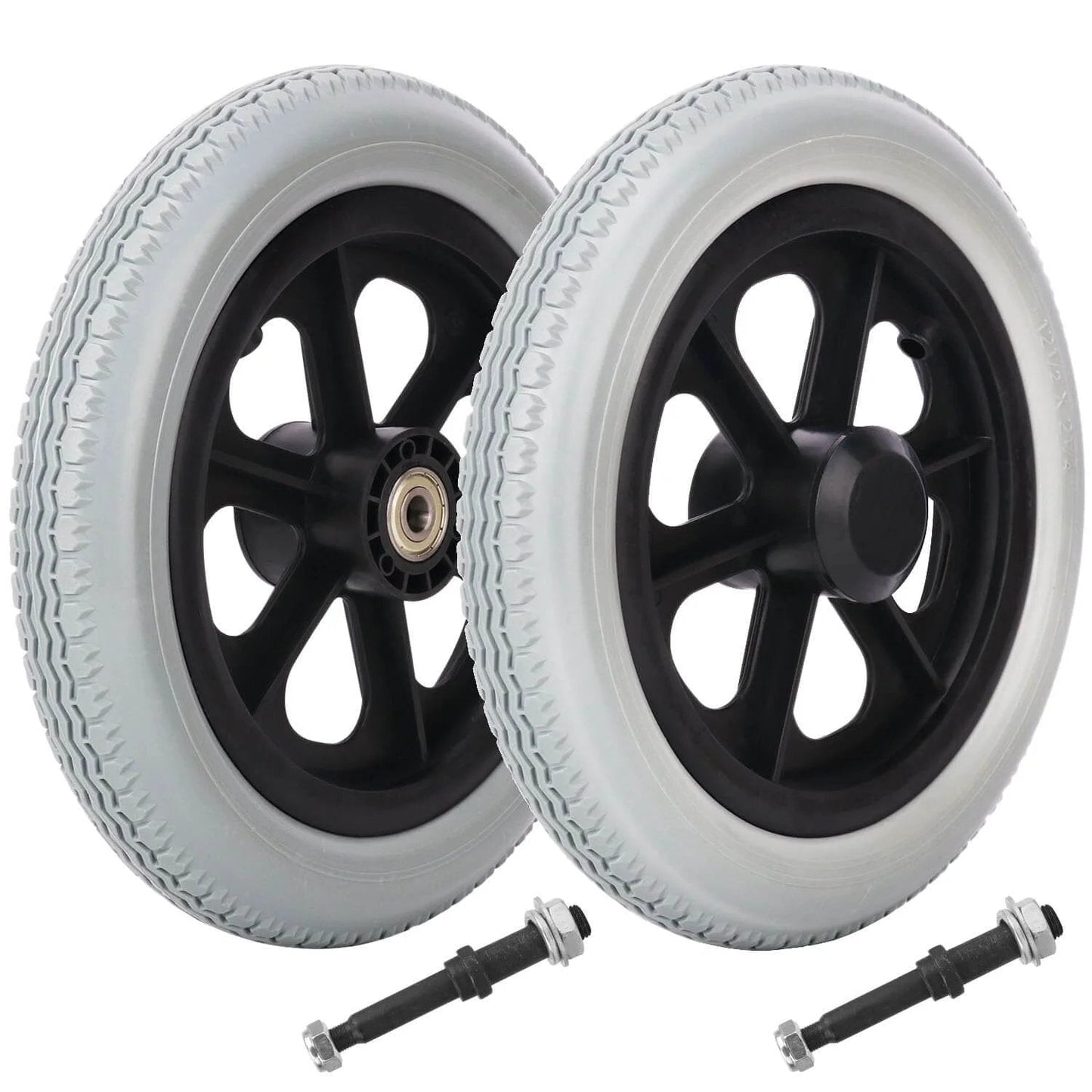 2 Pack 12 Inch Solid Plastic Spoked Wheelchair Replacement Wheels with Hard Rubber Tires, 0.5 Inch Shaft Aperture and 2.17 Inch Spacing