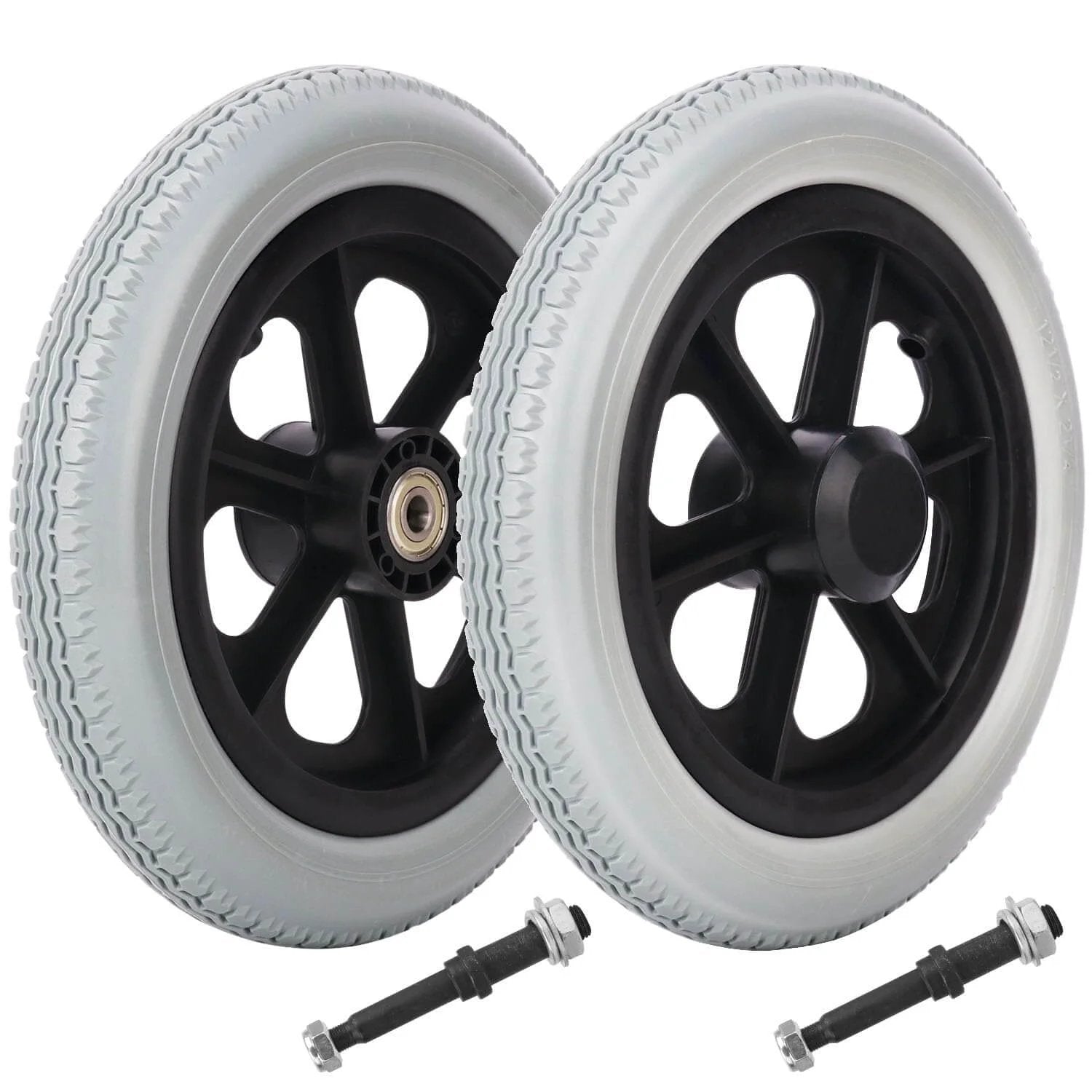 2 Pack 12 Inch Solid Plastic Spoked Wheelchair Replacement Wheels with Hard Rubber Tires, 0.5 Inch Shaft Aperture and 2.17 Inch Spacing