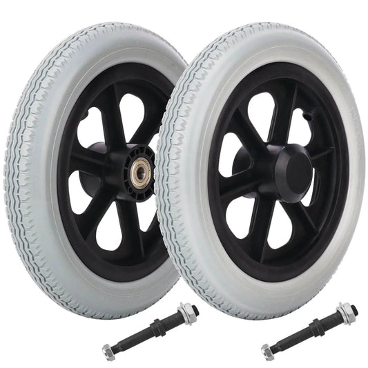 2 Pack 12 Inch Solid Plastic Spoked Wheelchair Replacement Wheels with Hard Rubber Tires, 0.5 Inch Shaft Aperture and 2.17 Inch Spacing
