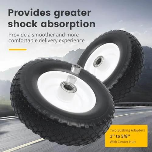 12 Inch Flat Free Solid Polyurethane Tire and Wheel, Black All Purpose Replacement with 1 Inch Bore, 1 to 5/8 Inch Bushing Adapters